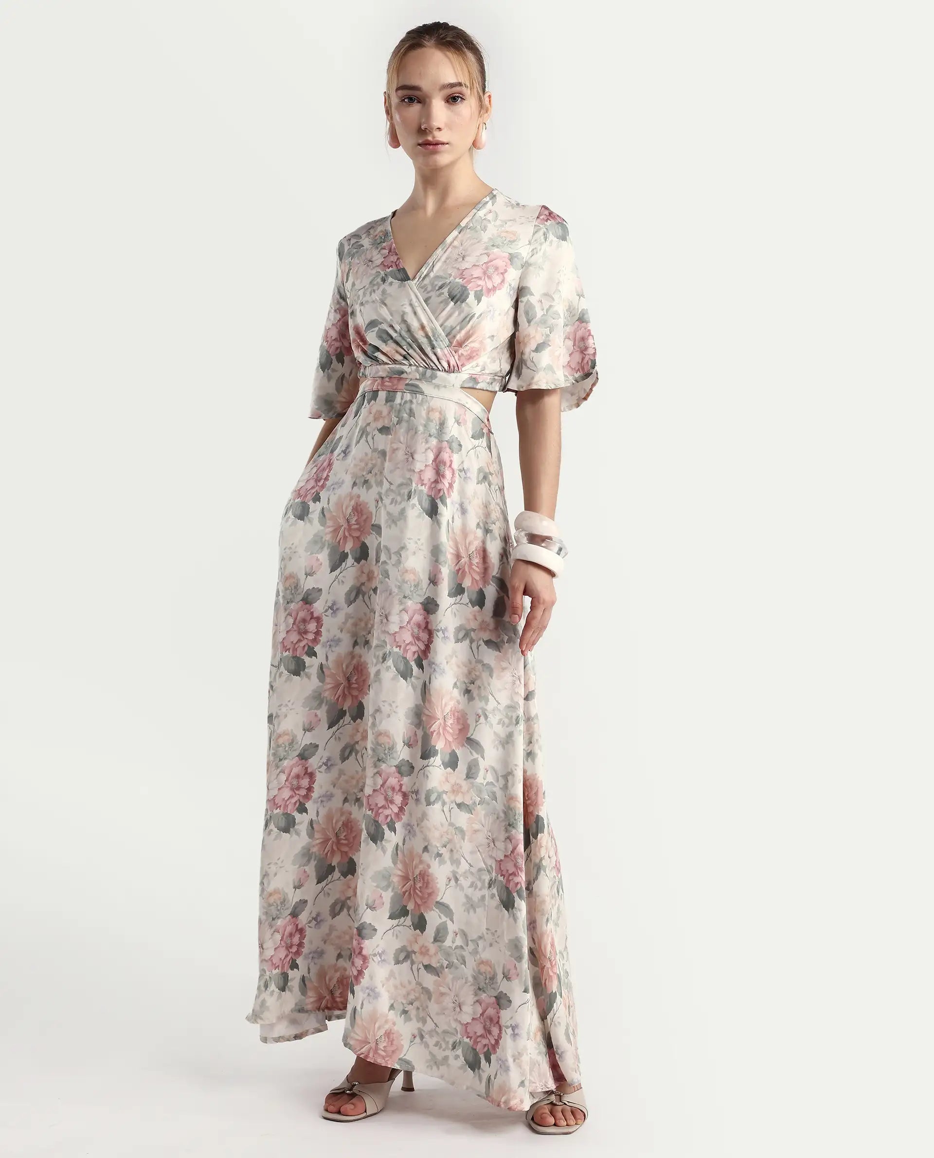 Rareism Women's Ravin Multi Cotton Blend Overlap Neck Floral Print Maxi Fit And Flare Dress