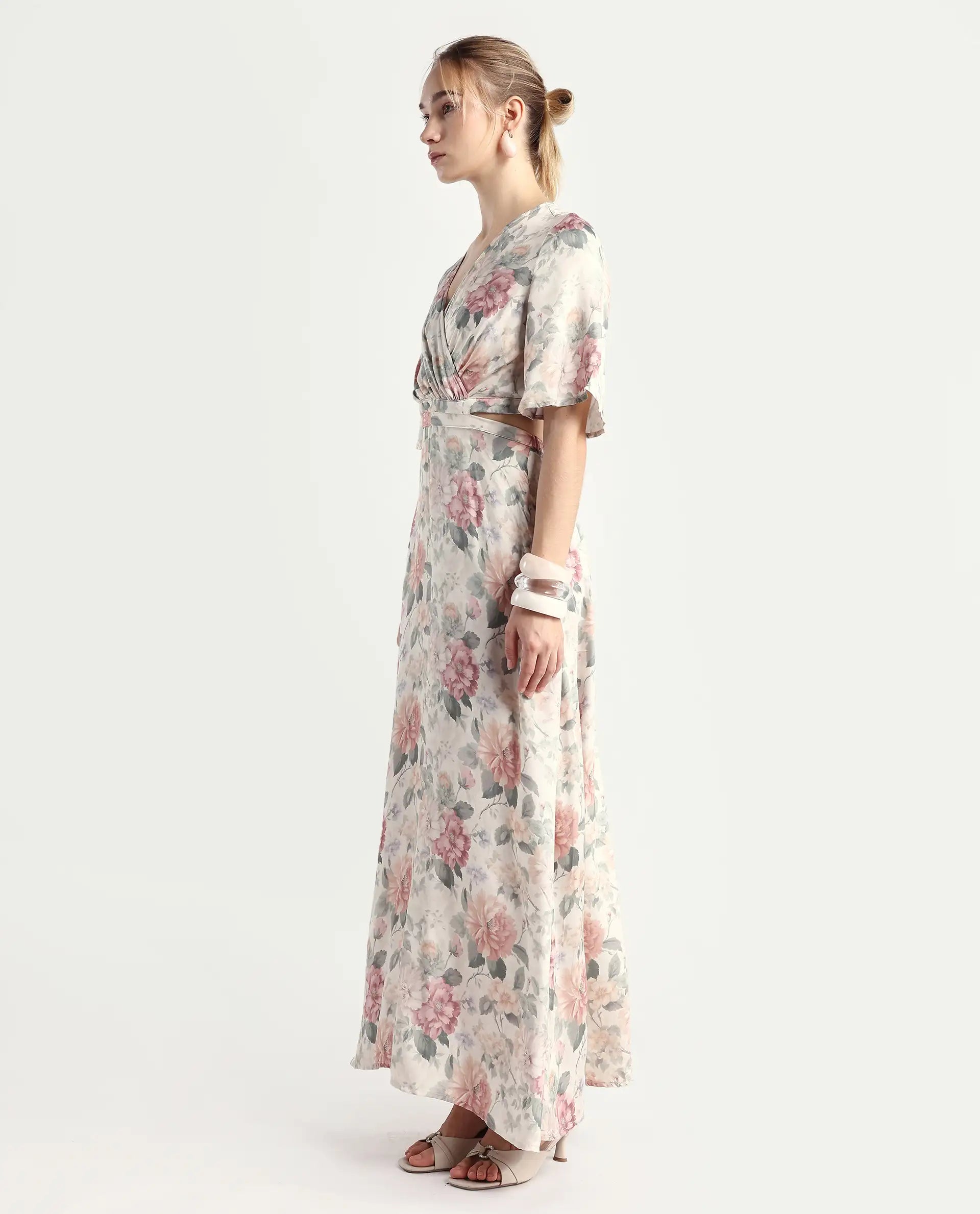 Rareism Women's Ravin Multi Cotton Blend Overlap Neck Floral Print Maxi Fit And Flare Dress