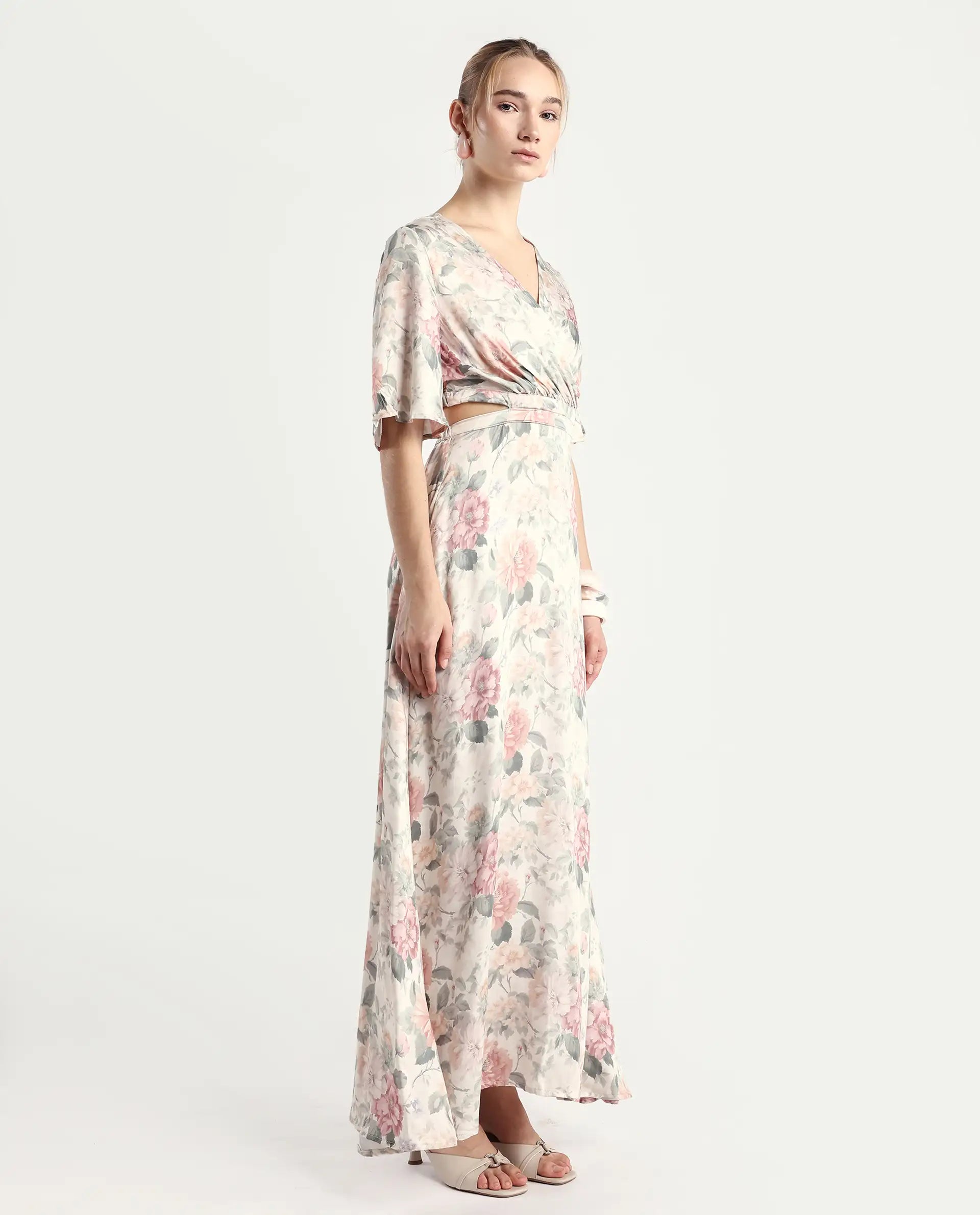 Rareism Women's Ravin Multi Cotton Blend Overlap Neck Floral Print Maxi Fit And Flare Dress