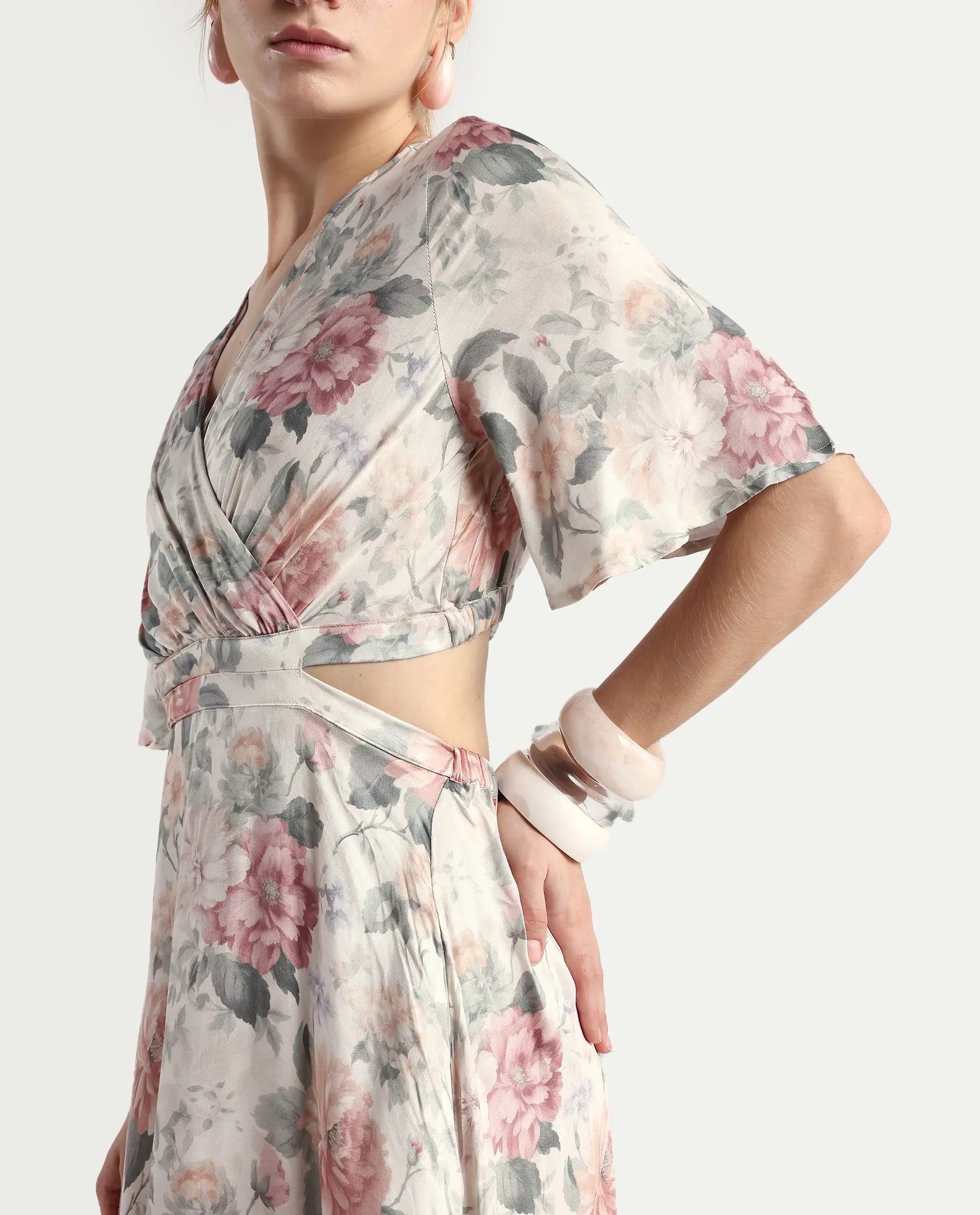 Rareism Women's Ravin Multi Cotton Blend Overlap Neck Floral Print Maxi Fit And Flare Dress