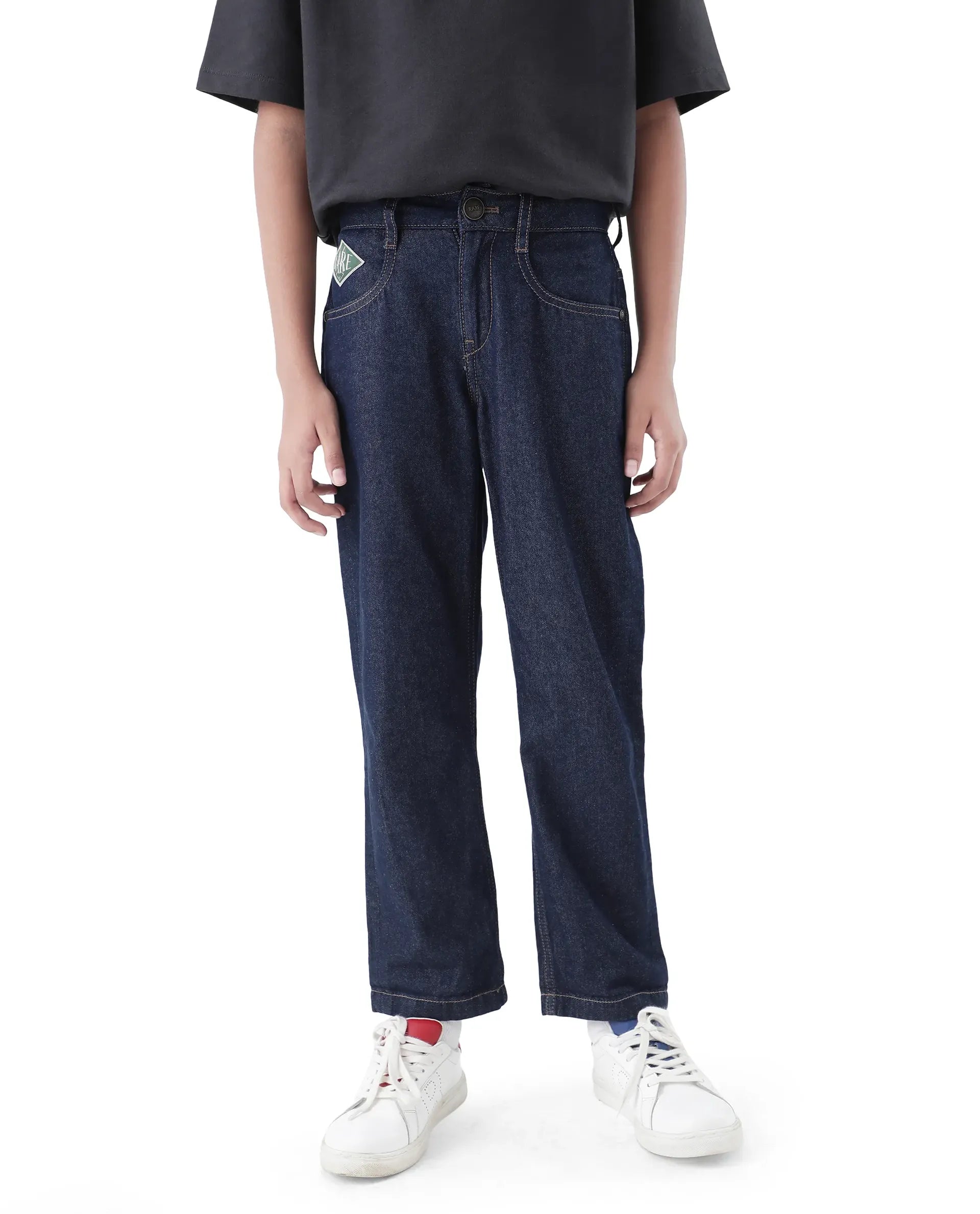 Rare Ones Kids Raw Navy Cotton Plain Button And Zip Closure Regular Fit Jeans