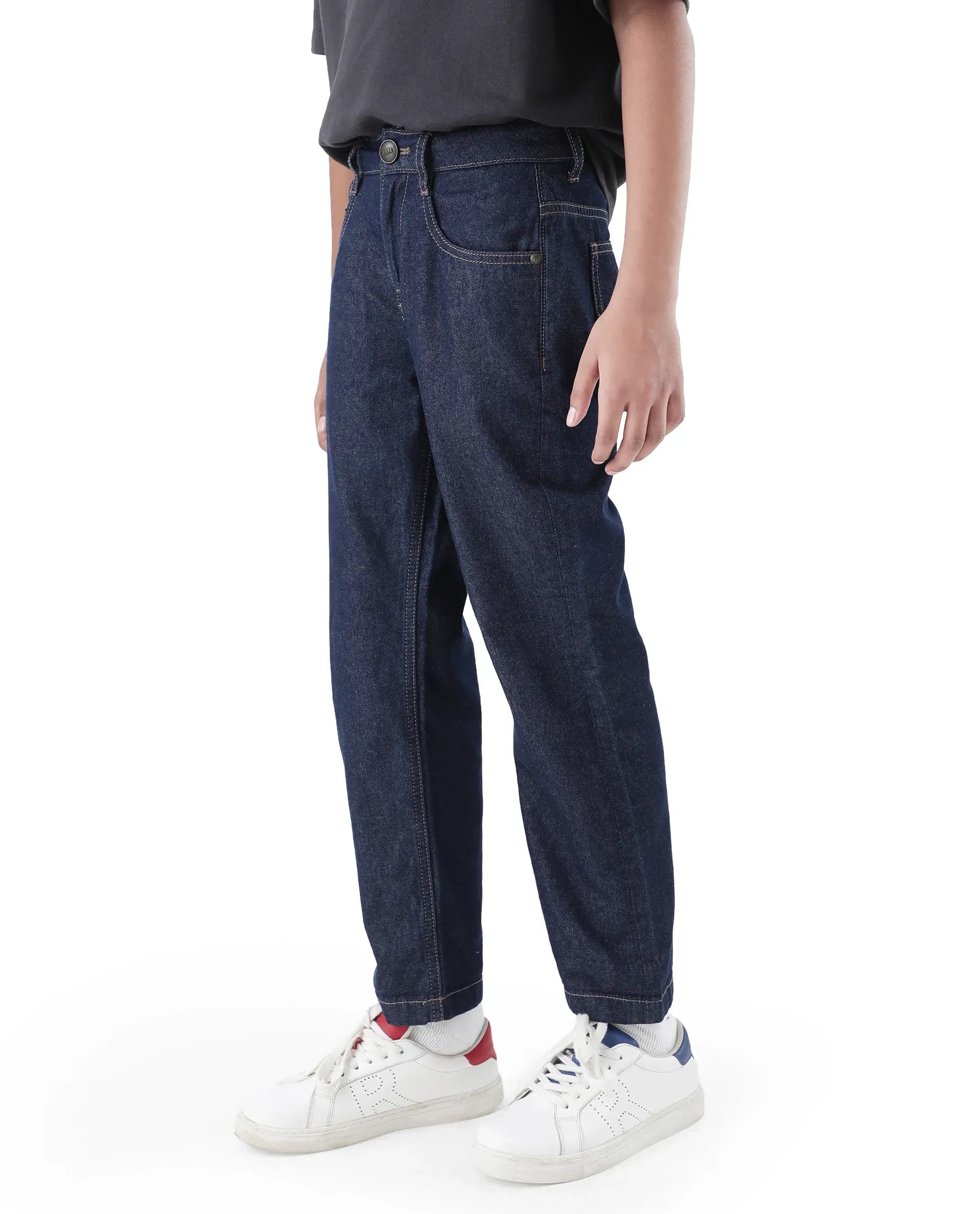 Rare Ones Kids Raw Navy Cotton Plain Button And Zip Closure Regular Fit Jeans