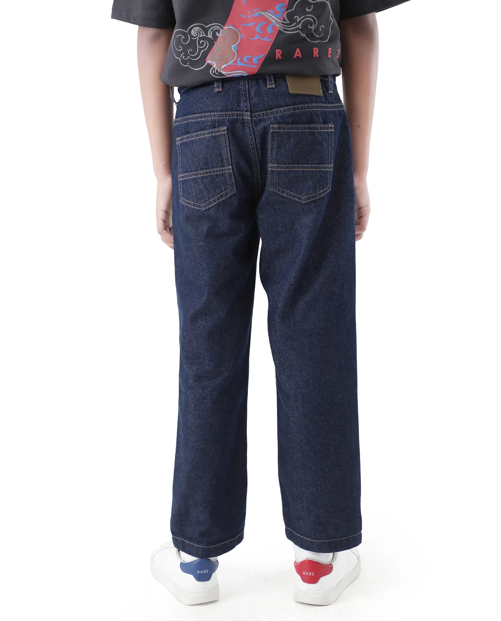 Rare Ones Kids Raw Navy Cotton Plain Button And Zip Closure Regular Fit Jeans