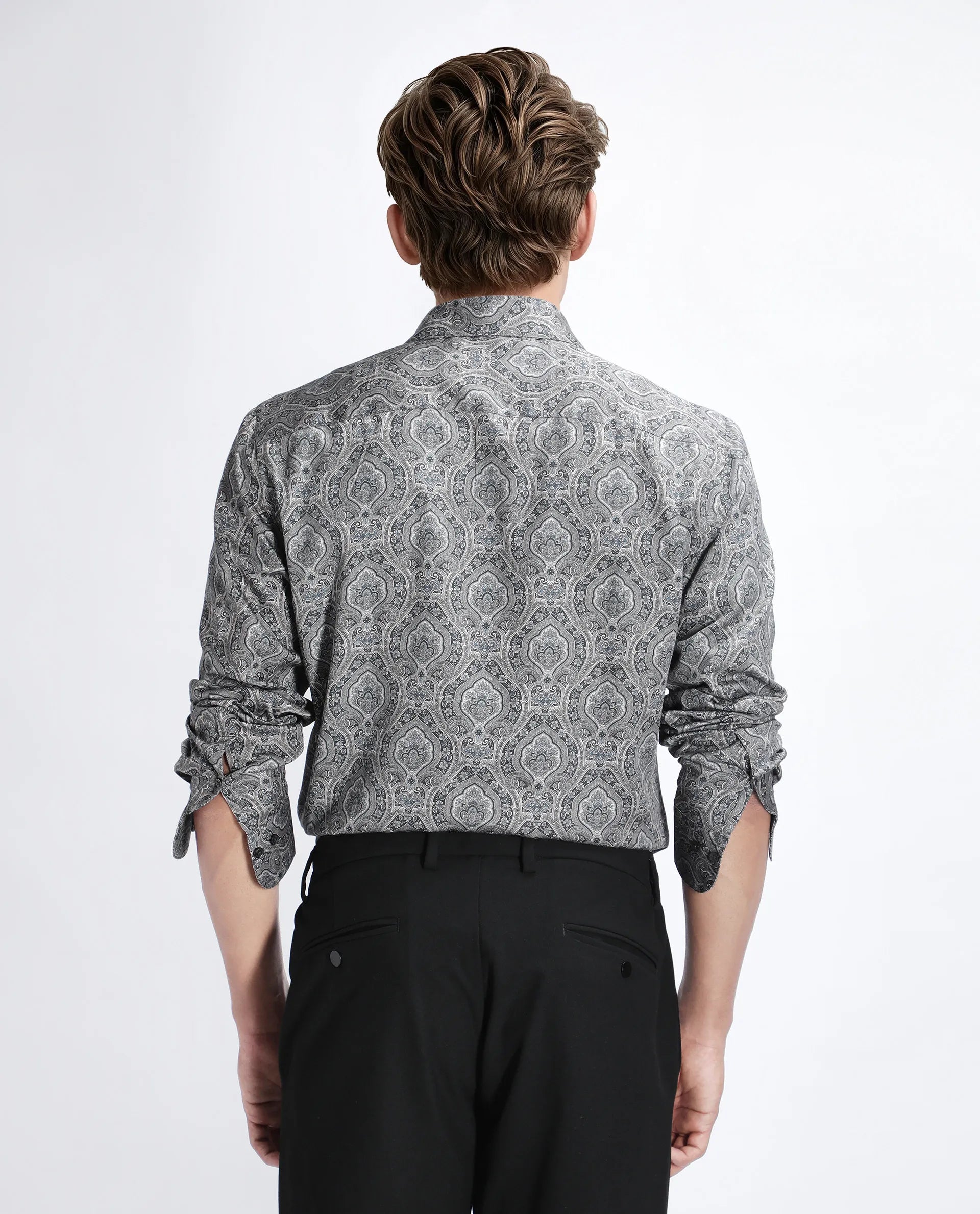 Rare Rabbit Men's Raya Dark Grey Viscose Blend Paisley Print Regular Fit Full Sleeve Collared Shirt