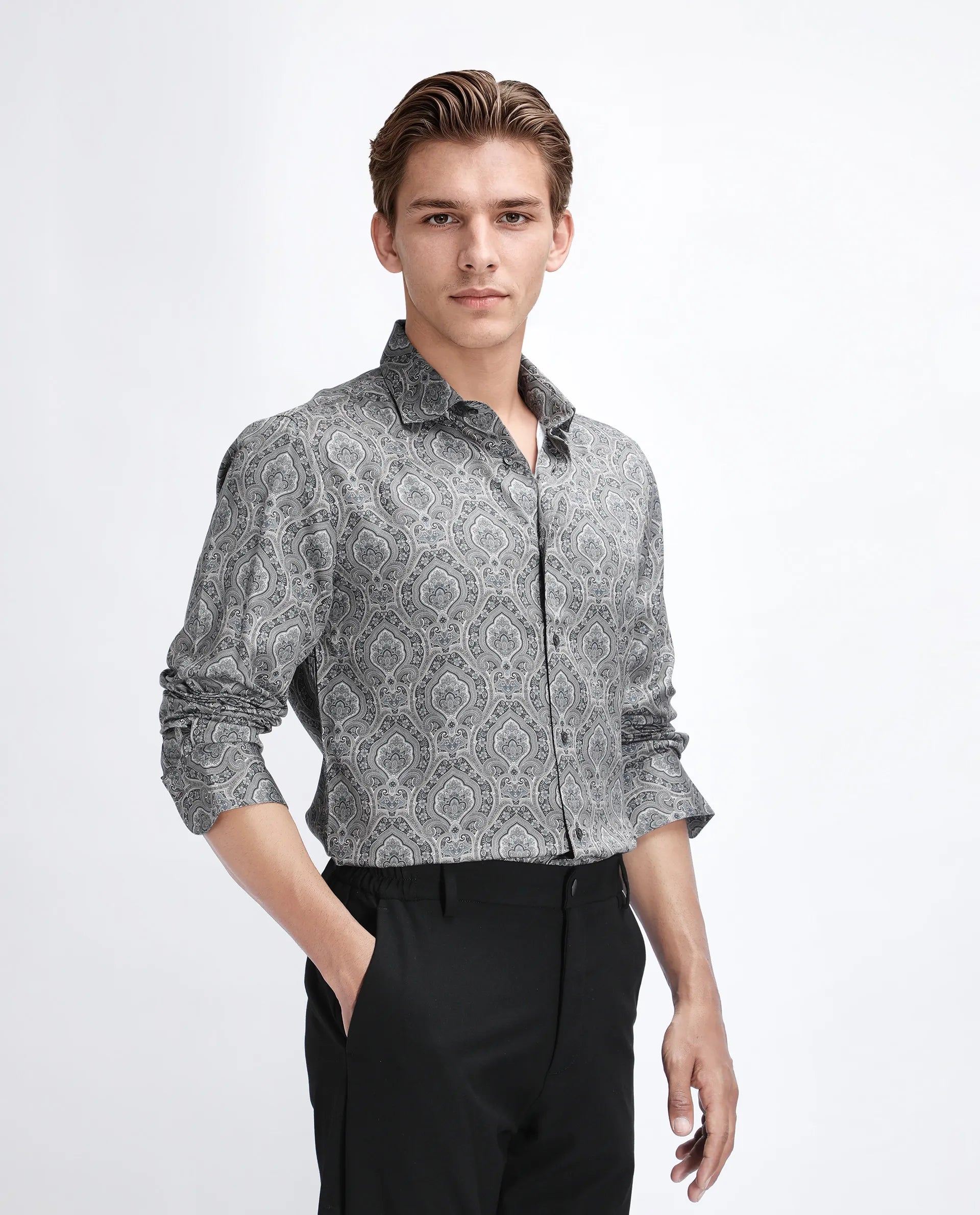 Rare Rabbit Men's Raya Dark Grey Viscose Blend Paisley Print Regular Fit Full Sleeve Collared Shirt