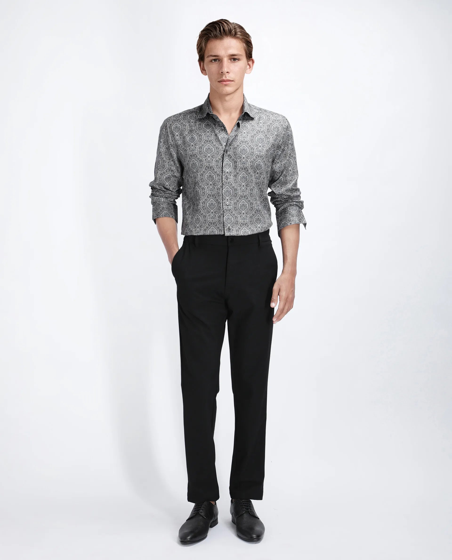 Rare Rabbit Men's Raya Dark Grey Viscose Blend Paisley Print Regular Fit Full Sleeve Collared Shirt