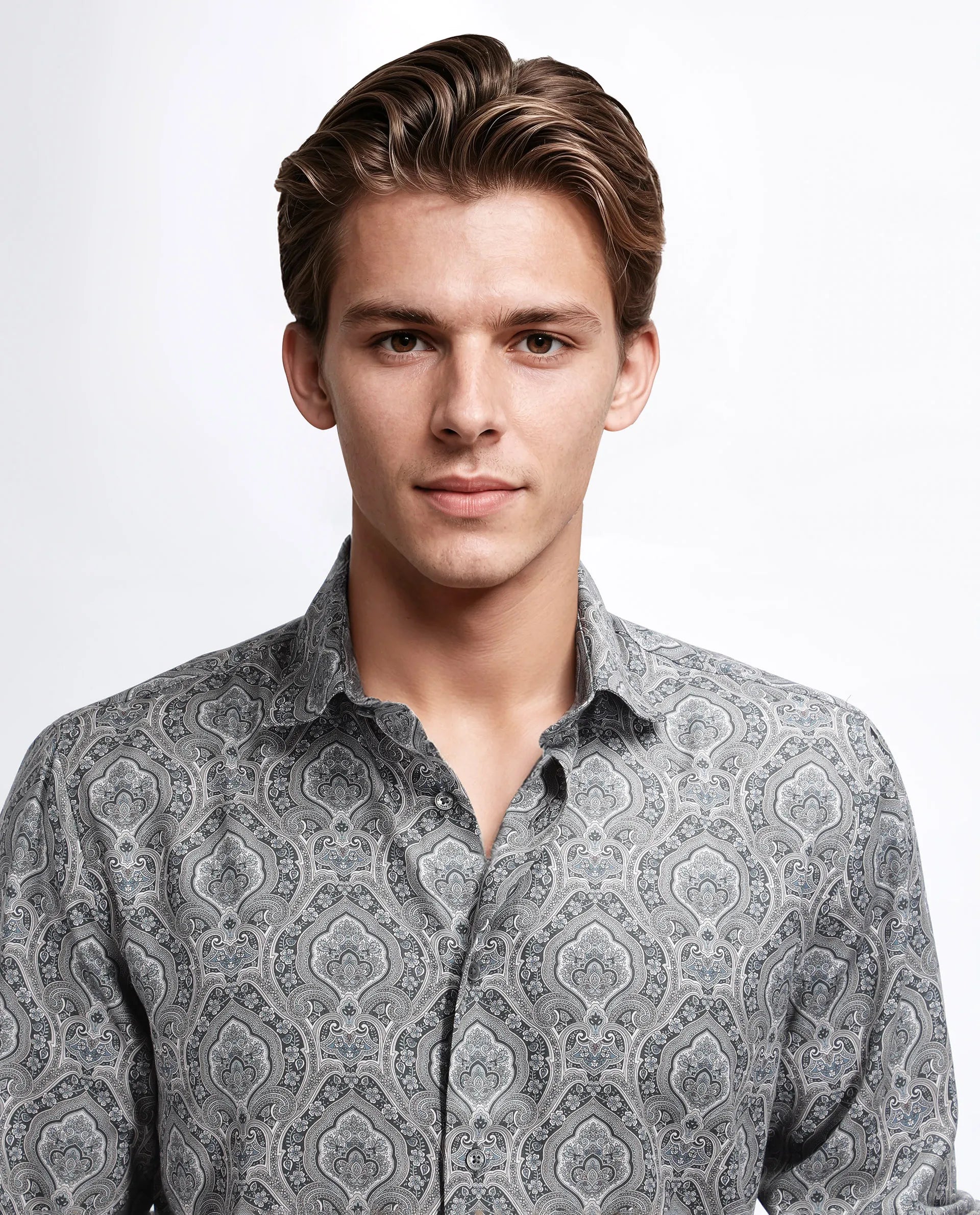 Rare Rabbit Men's Raya Dark Grey Viscose Blend Paisley Print Regular Fit Full Sleeve Collared Shirt