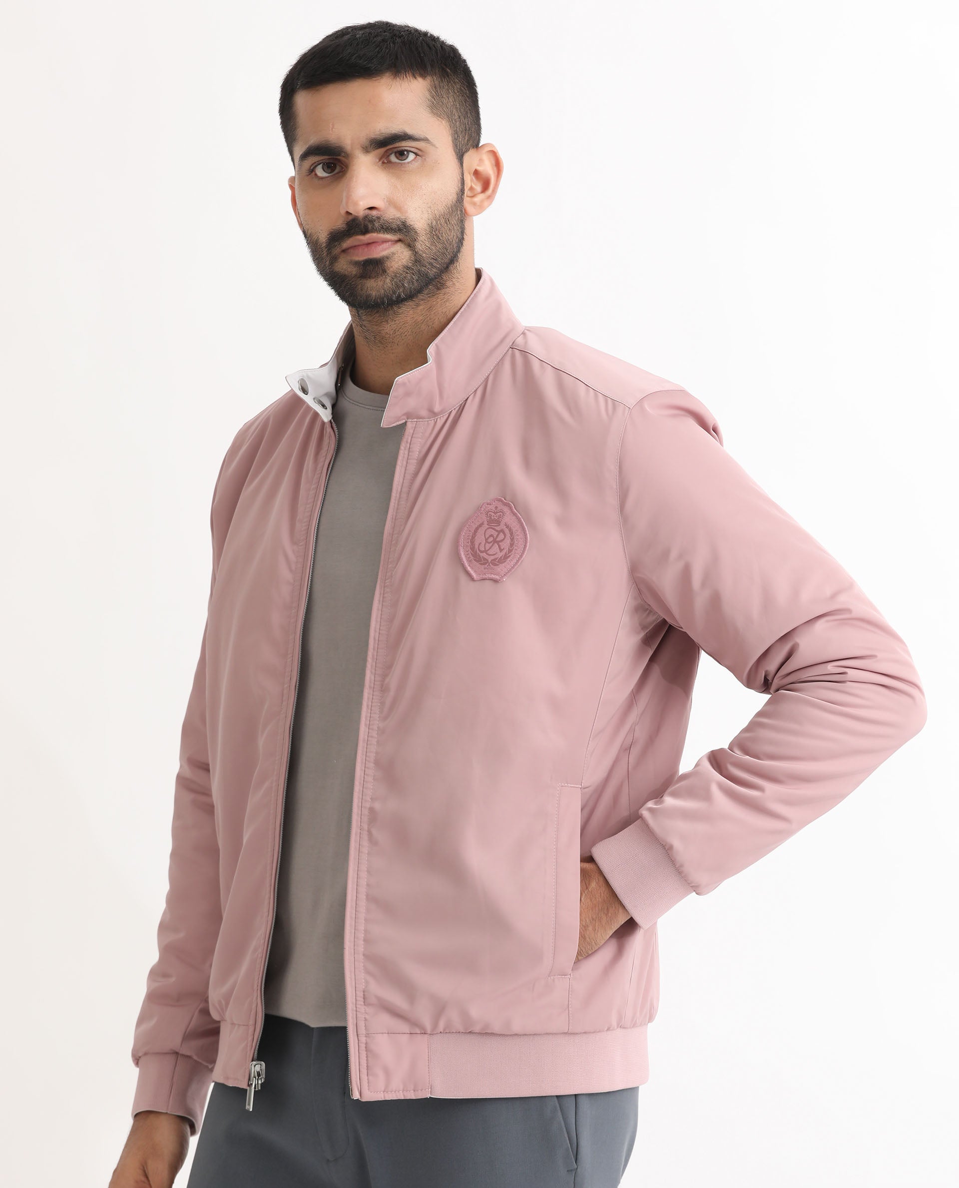 Rare Rabbit Men's Royban Pink Classic Mandarin Collar Bomber Jacket