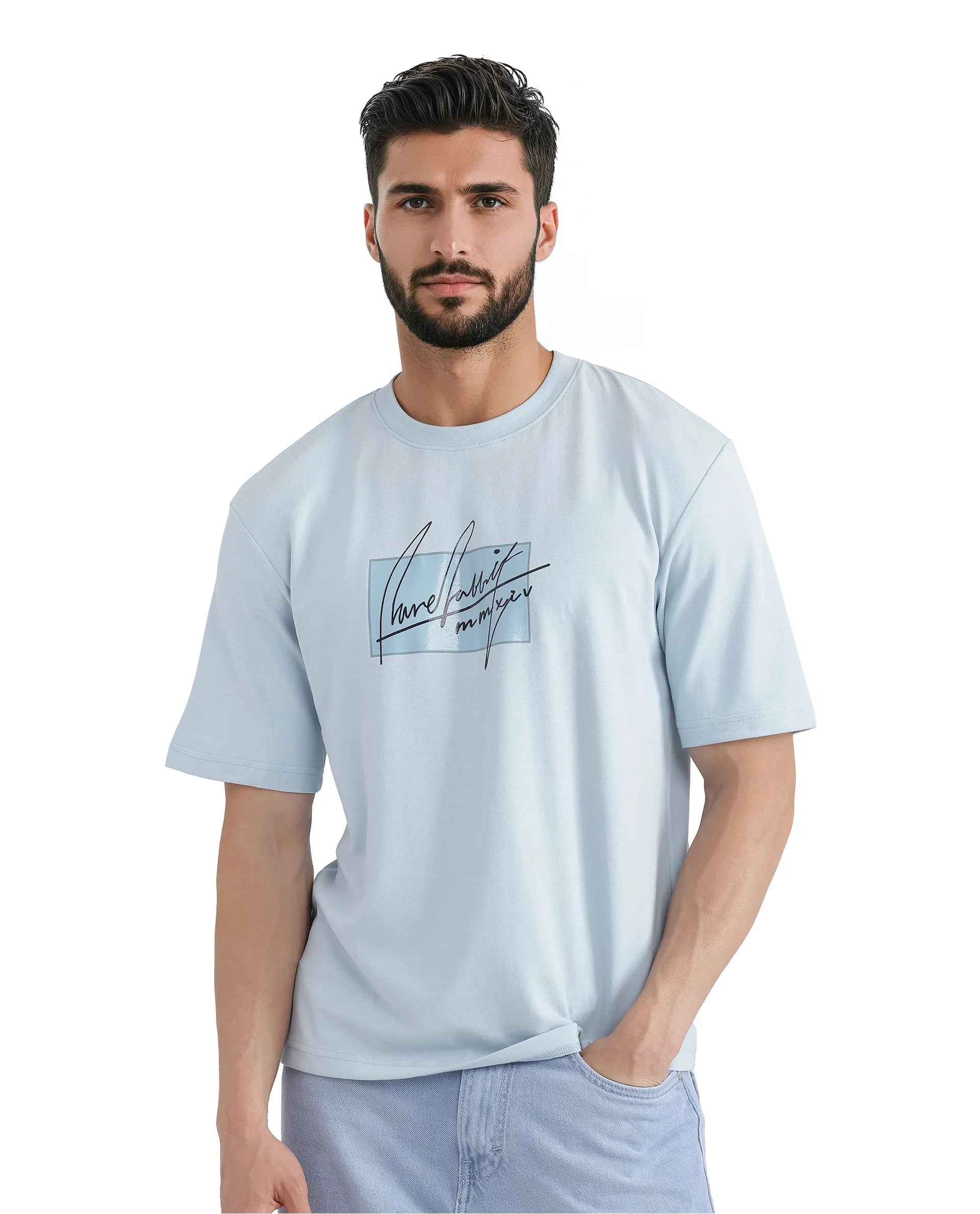 Rare Rabbit Men Raydo Light Blue Cotton Polyester Fabric Short Sleeve Crew Neck Boxy Fit Graphic Print T-Shirt