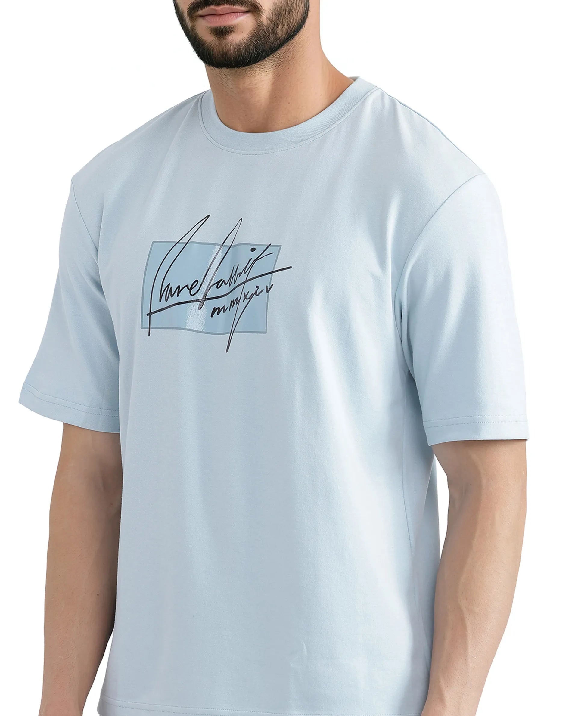 Rare Rabbit Men Raydo Light Blue Cotton Polyester Fabric Short Sleeve Crew Neck Boxy Fit Graphic Print T-Shirt