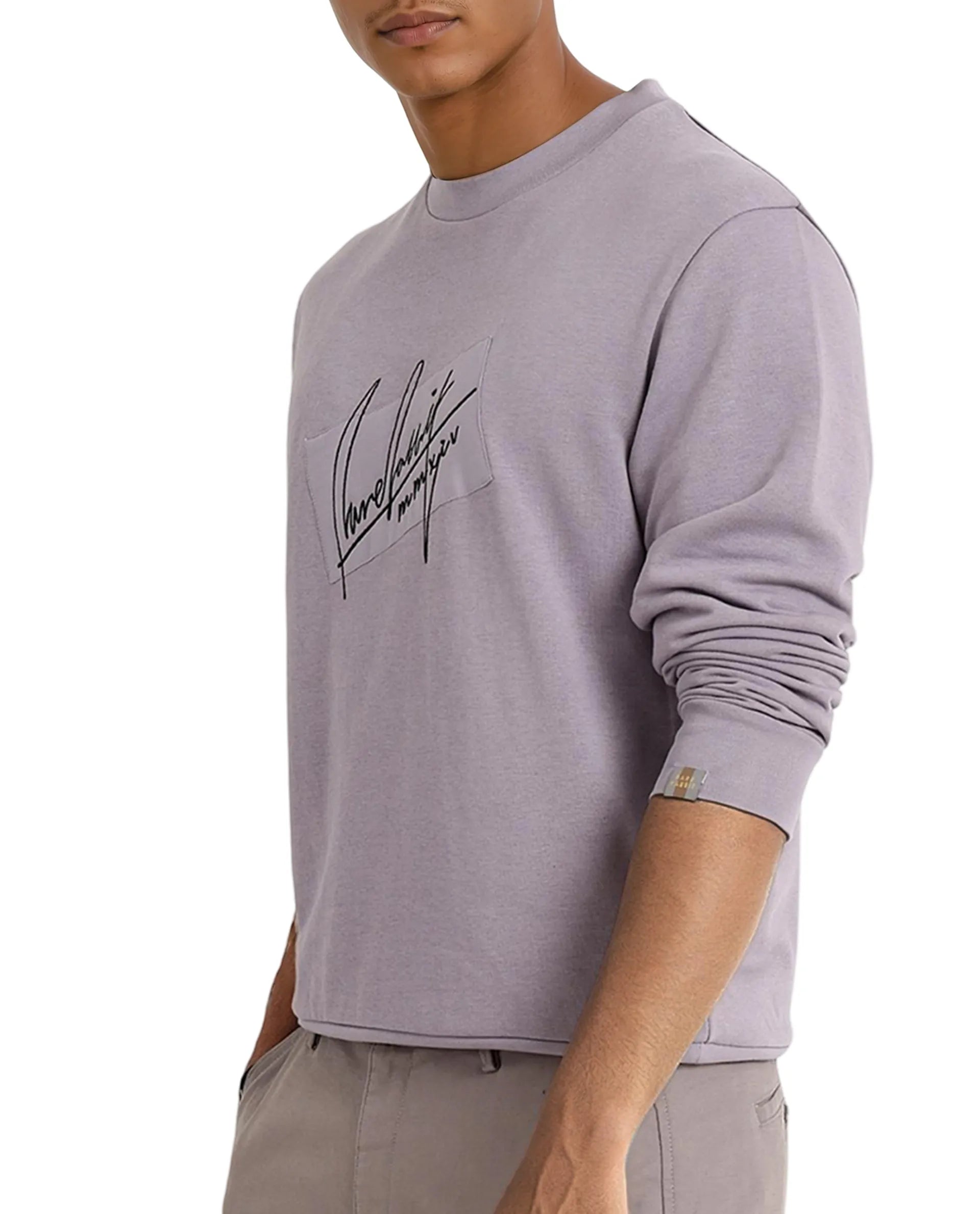 Rare Rabbit Men Raydon Dusky Purple Cotton Poly Fabric Full Sleeve Crew Neck Regular Fit Signature Print Sweatshirt