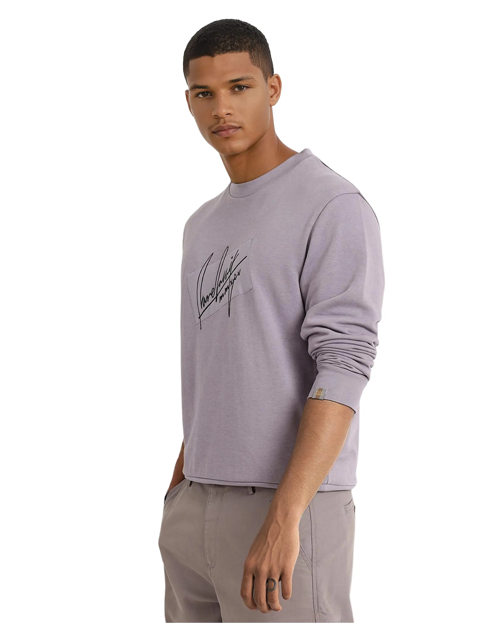 Rare Rabbit Men Raydon Dusky Purple Cotton Poly Fabric Full Sleeve Crew Neck Regular Fit Signature Print Sweatshirt