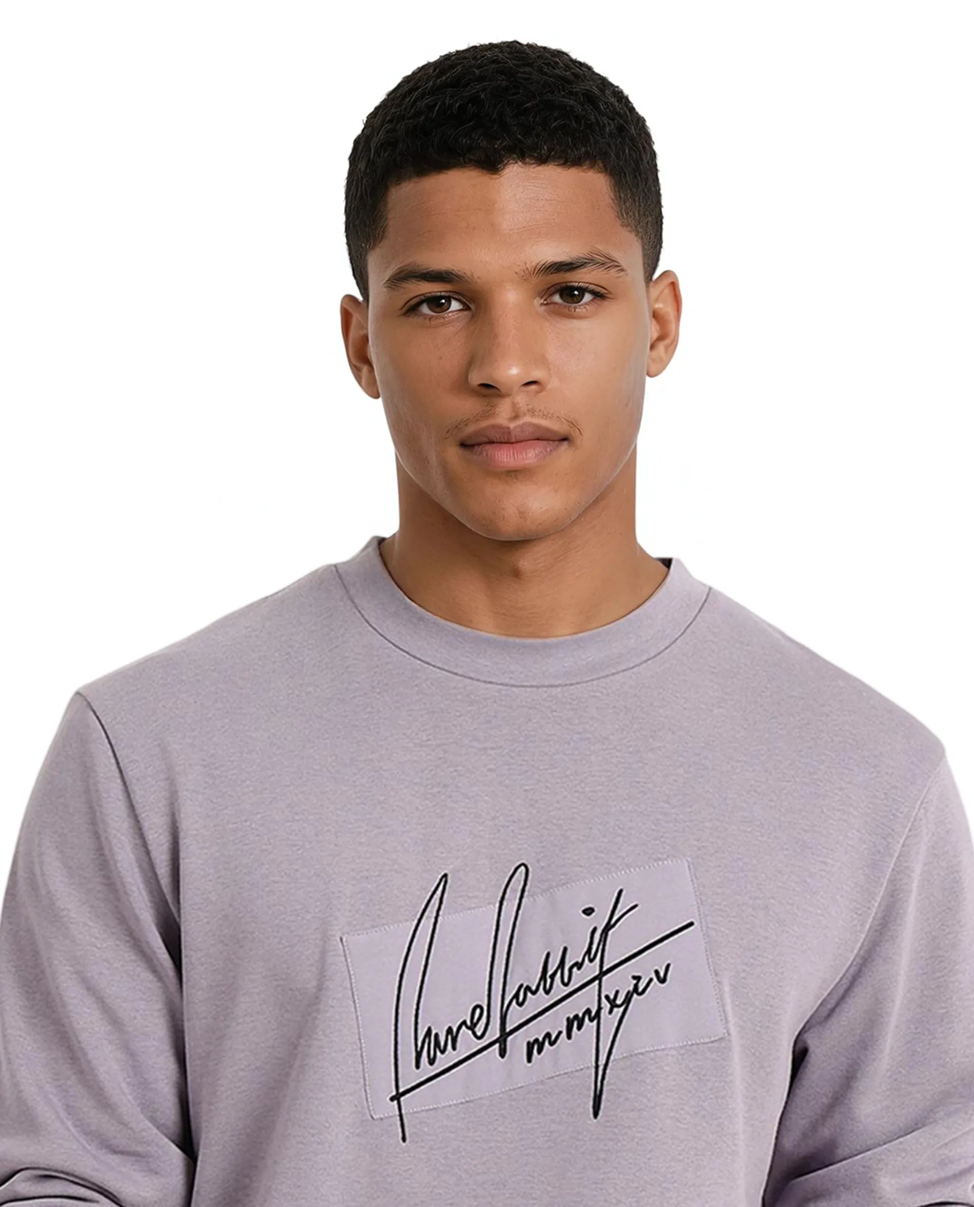 Rare Rabbit Men Raydon Dusky Purple Cotton Poly Fabric Full Sleeve Crew Neck Regular Fit Signature Print Sweatshirt