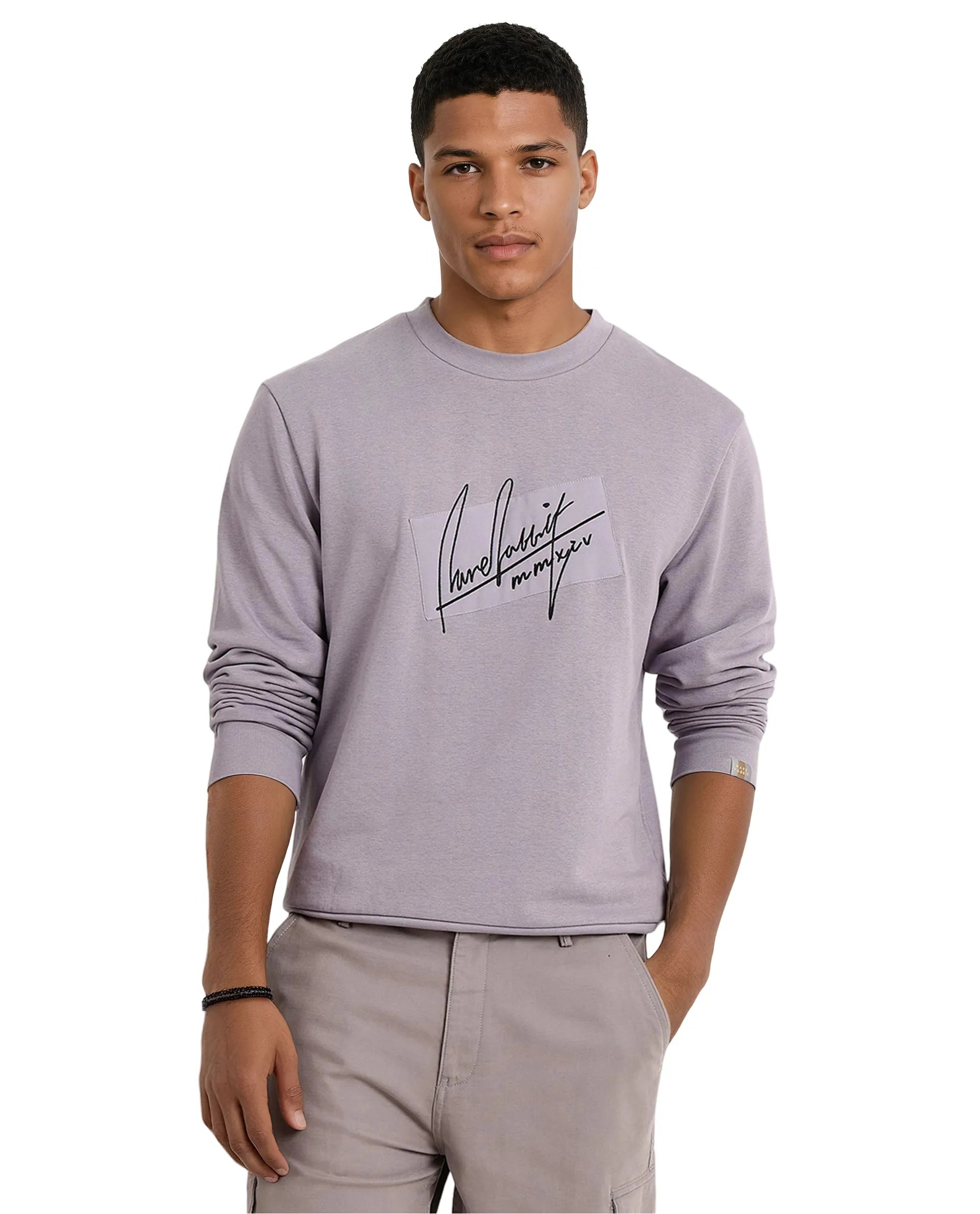 Rare Rabbit Men Raydon Dusky Purple Cotton Poly Fabric Full Sleeve Crew Neck Regular Fit Signature Print Sweatshirt