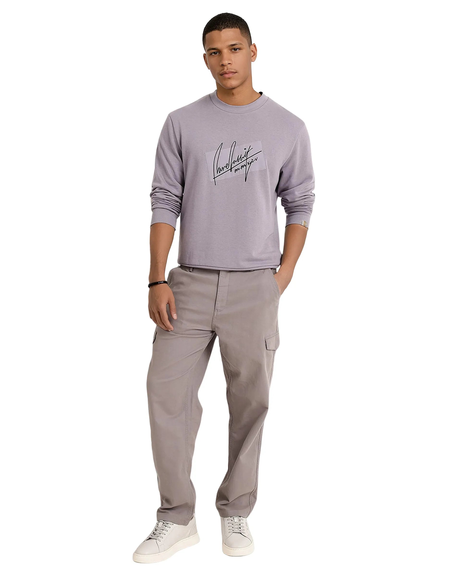 Rare Rabbit Men Raydon Dusky Purple Cotton Poly Fabric Full Sleeve Crew Neck Regular Fit Signature Print Sweatshirt