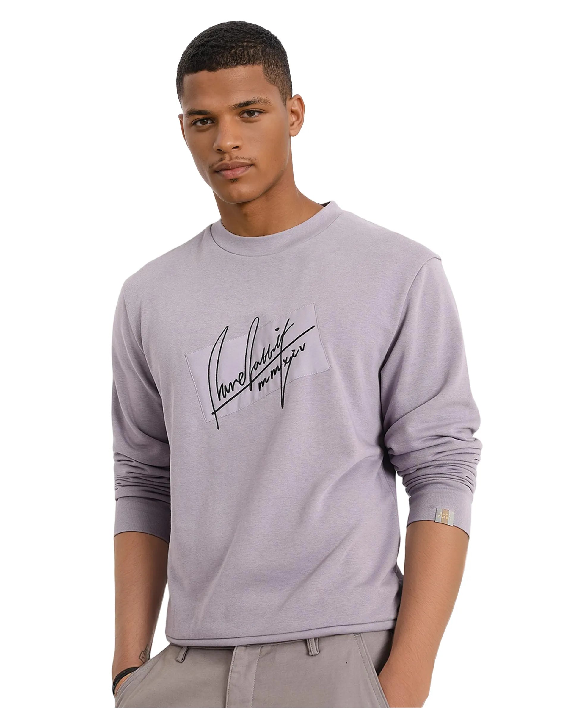 Rare Rabbit Men Raydon Dusky Purple Cotton Poly Fabric Full Sleeve Crew Neck Regular Fit Signature Print Sweatshirt