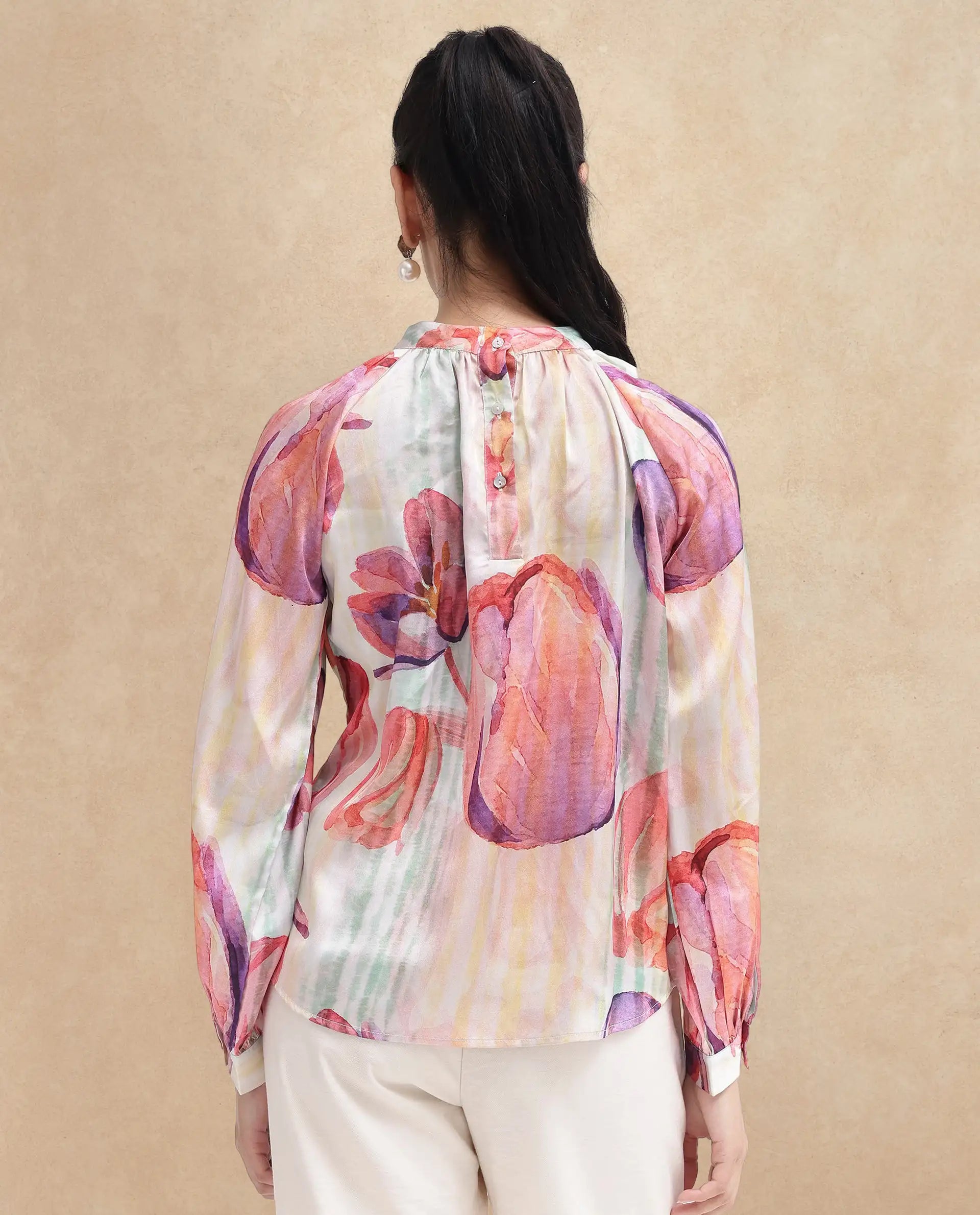 Rareism Women's Raylin Light Multi Polyester High Neck Floral Print Cuffed Sleeve Relaxed Fit Top