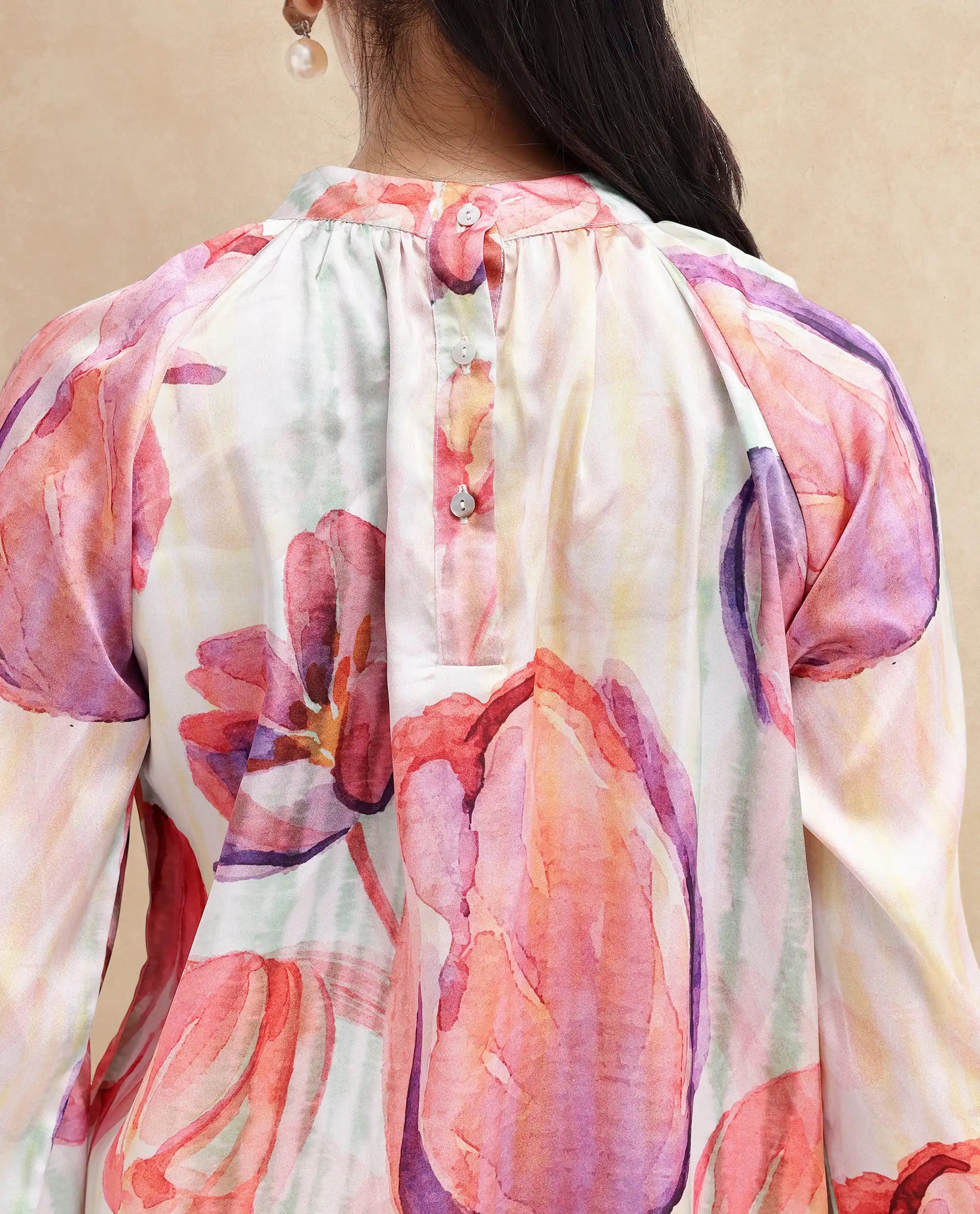 Rareism Women's Raylin Light Multi Polyester High Neck Floral Print Cuffed Sleeve Relaxed Fit Top