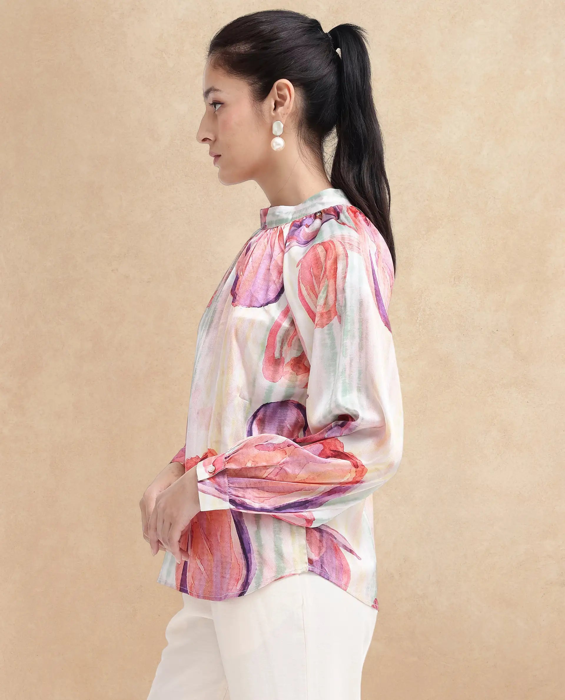 Rareism Women's Raylin Light Multi Polyester High Neck Floral Print Cuffed Sleeve Relaxed Fit Top