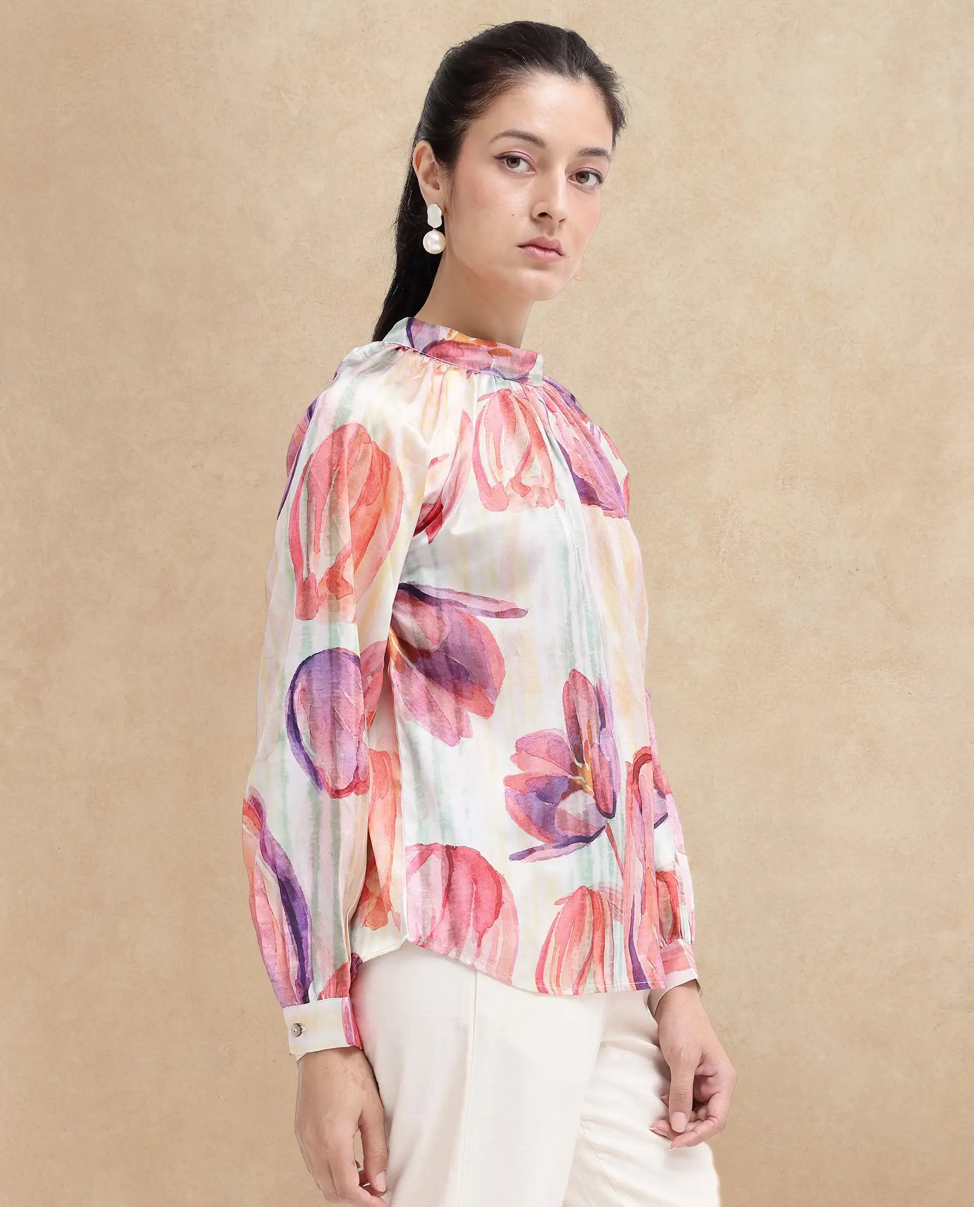 Rareism Women's Raylin Light Multi Polyester High Neck Floral Print Cuffed Sleeve Relaxed Fit Top
