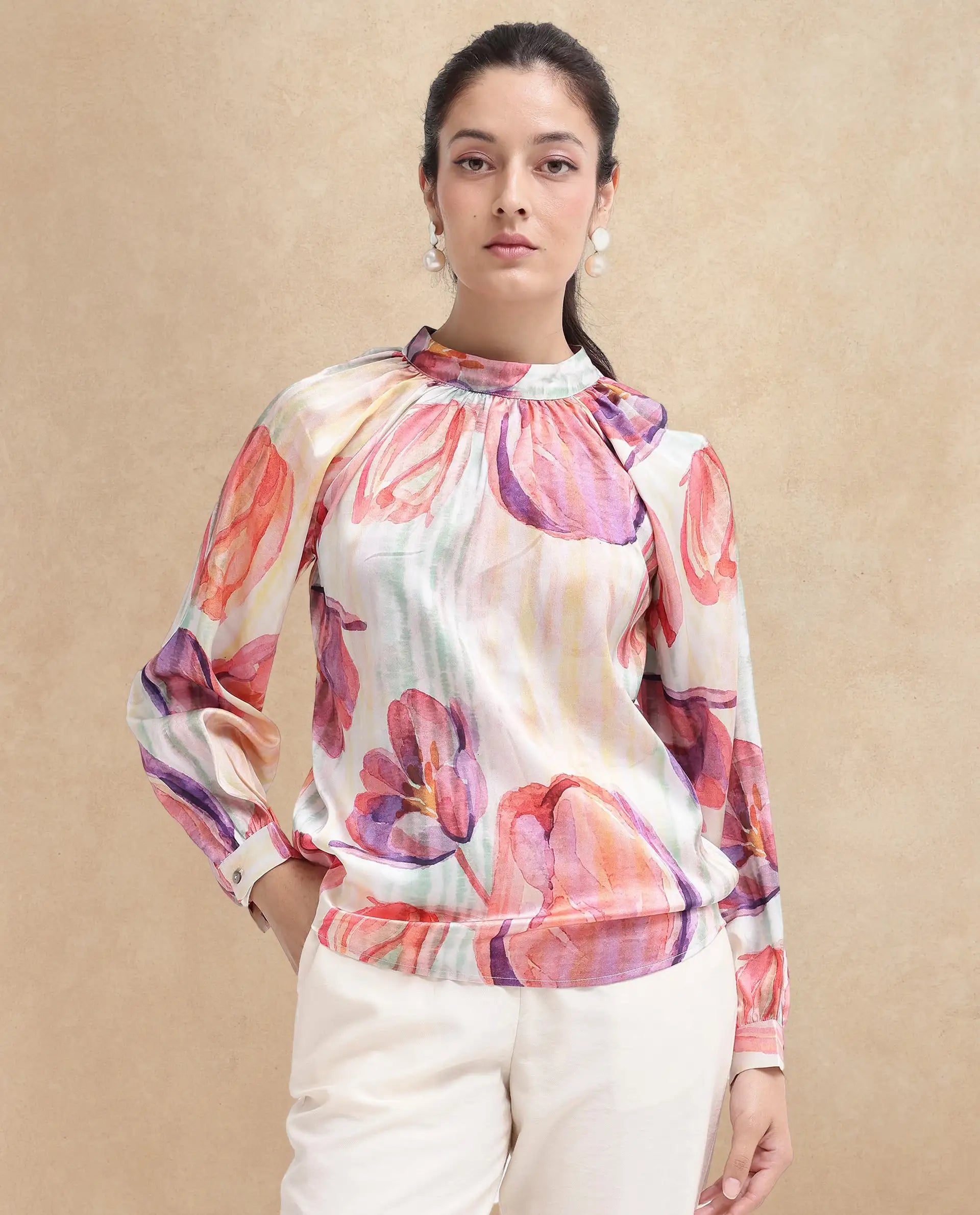 Rareism Women's Raylin Light Multi Polyester High Neck Floral Print Cuffed Sleeve Relaxed Fit Top