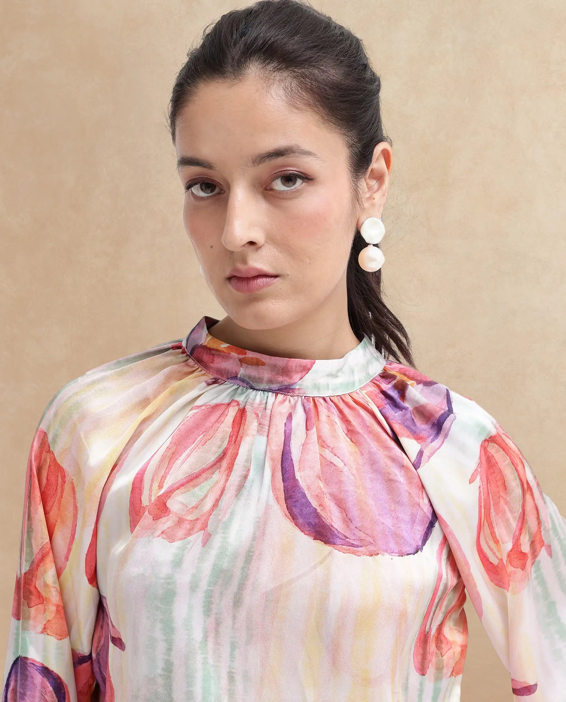 Rareism Women's Raylin Light Multi Polyester High Neck Floral Print Cuffed Sleeve Relaxed Fit Top