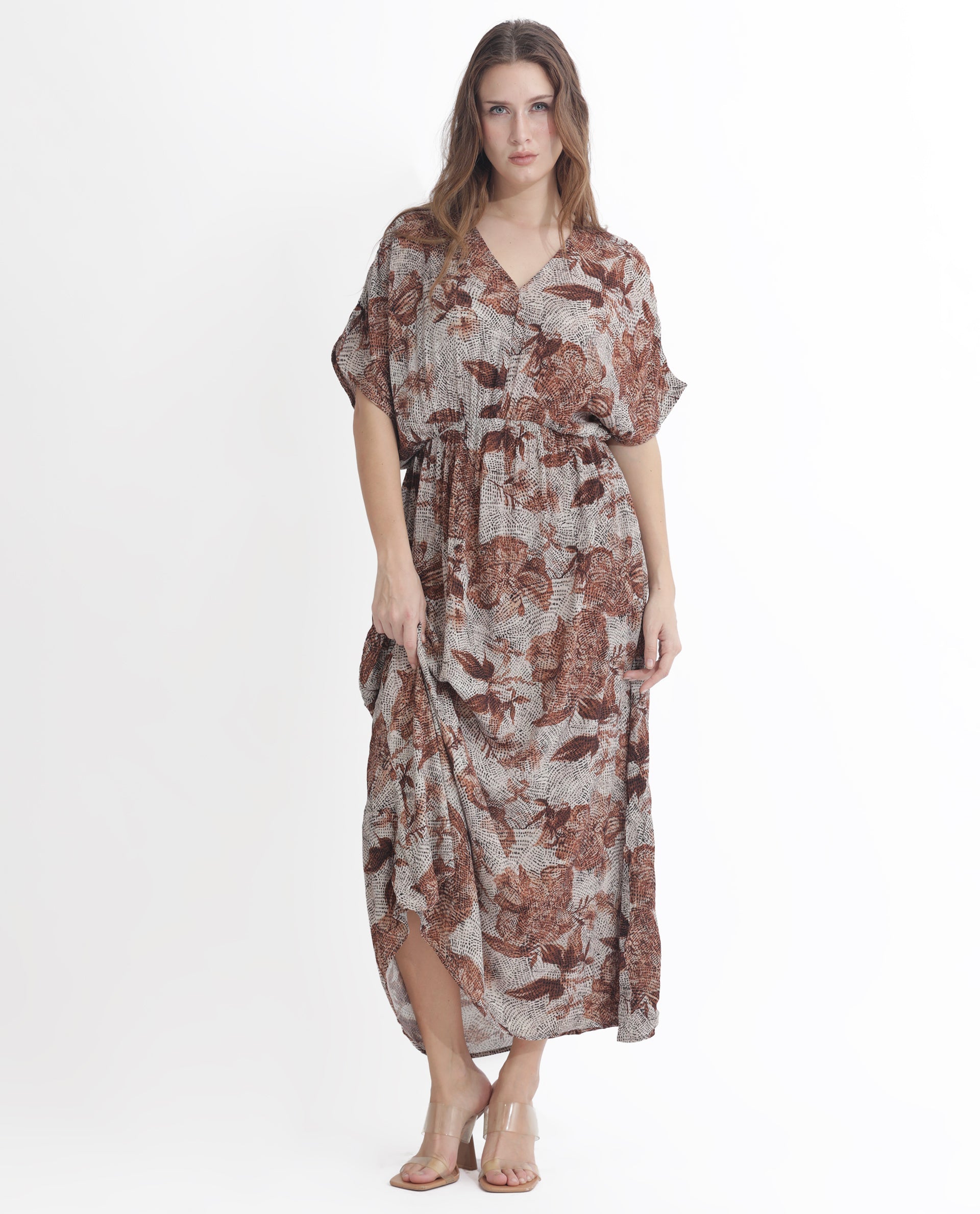 Rareism Women Rayo Dusky Beige Viscose Fabric Short Sleeves V-Neck Extended Sleeve Relaxed Fit Abstract Print Maxi Dress