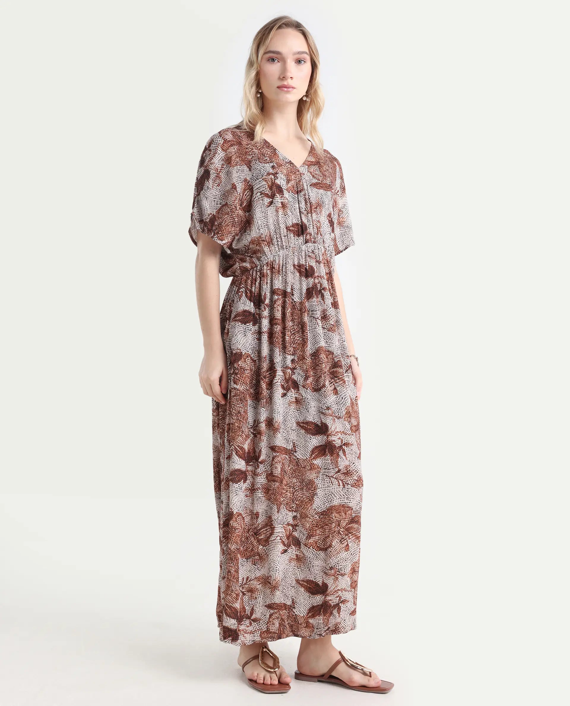 Rareism Women's Rayo Dusky Beige Viscose V-Neck Abstract Print Extended Sleeves Maxi Relaxed Fit Dress
