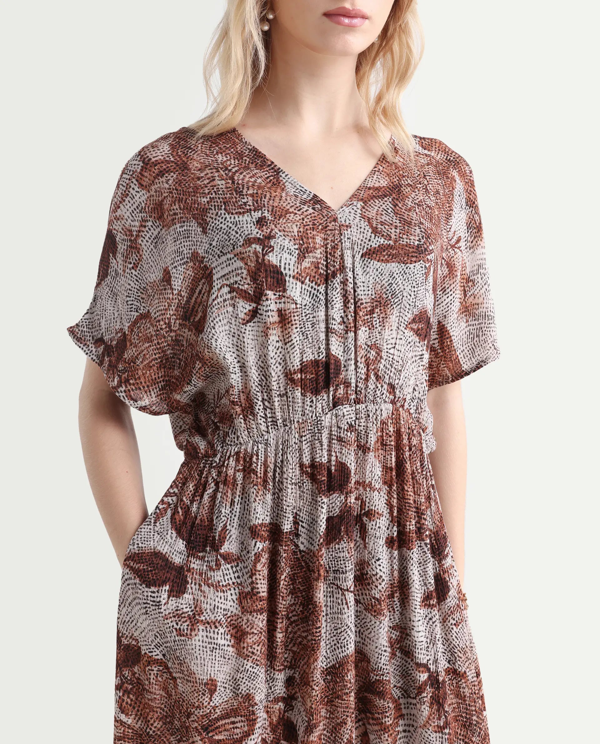 Rareism Women's Rayo Dusky Beige Viscose V-Neck Abstract Print Extended Sleeves Maxi Relaxed Fit Dress