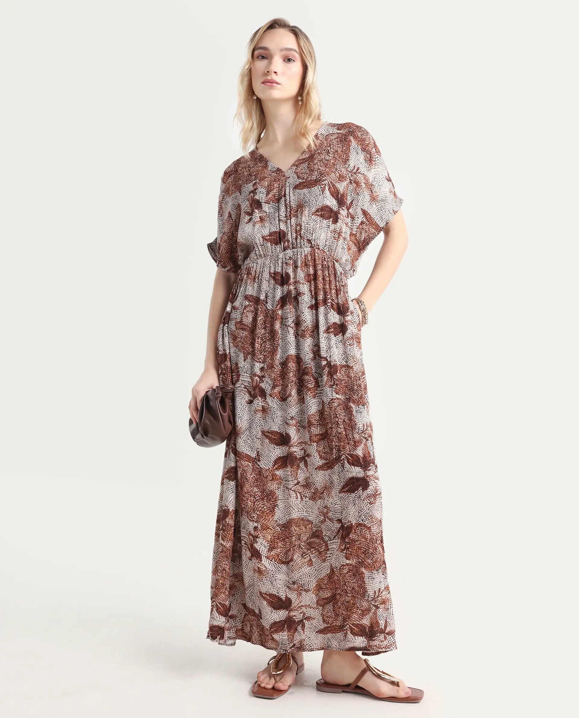 Rareism Women's Rayo Dusky Beige Viscose V-Neck Abstract Print Extended Sleeves Maxi Relaxed Fit Dress