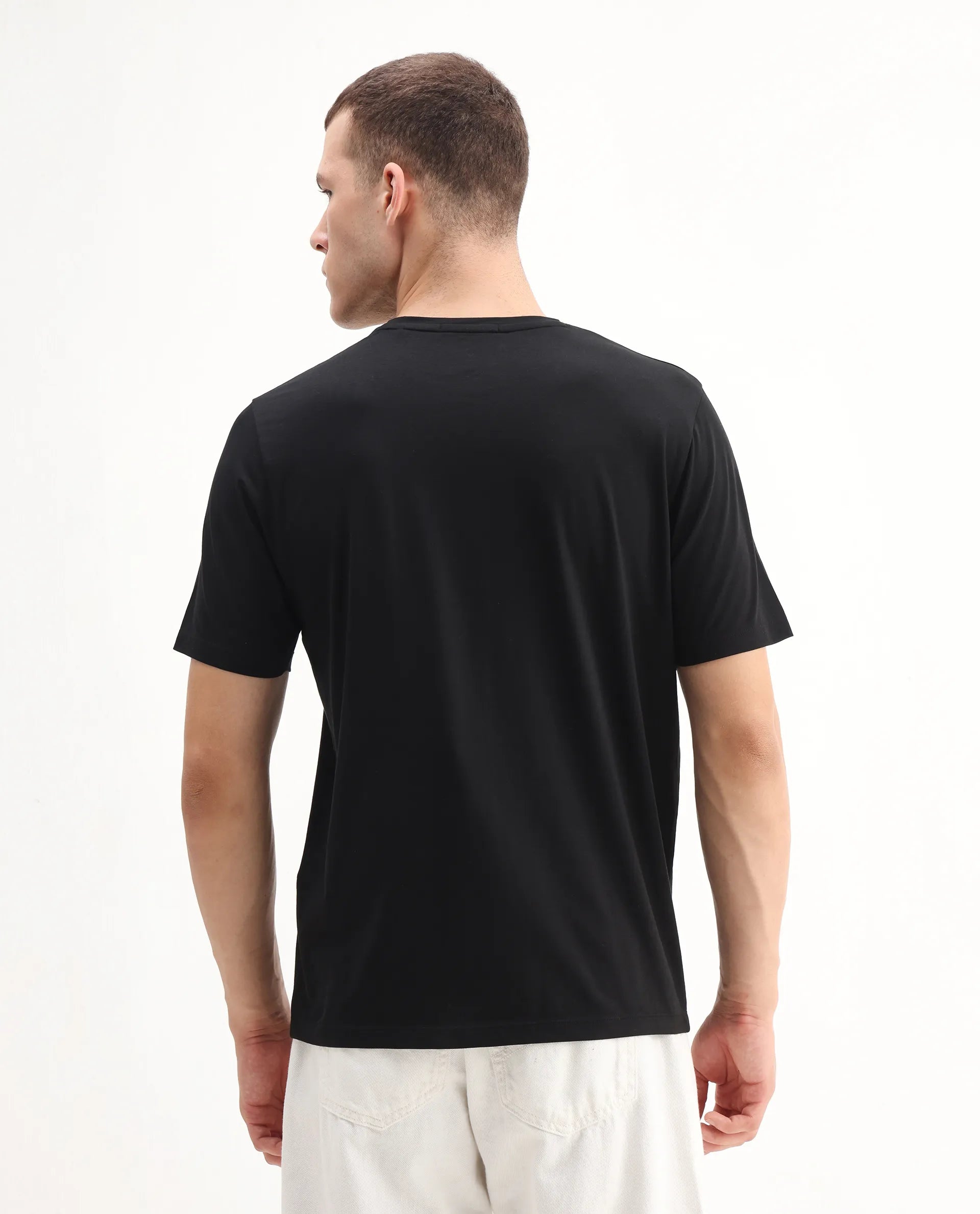 Rare Rabbit Men's Raze Black Cotton Blend Graphic Print Regular Fit Half Sleeve Crew Neck T-Shirt