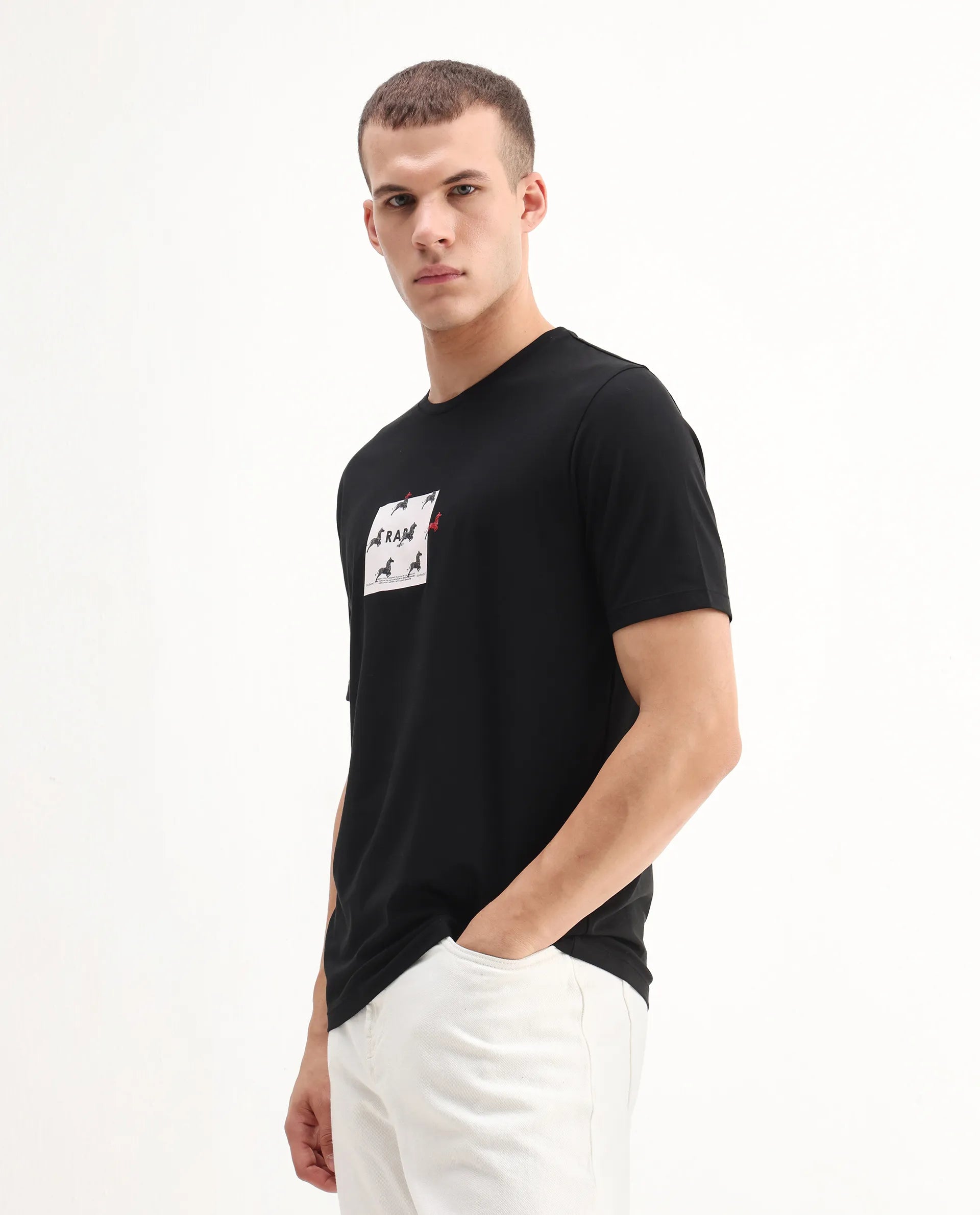 Rare Rabbit Men's Raze Black Cotton Blend Graphic Print Regular Fit Half Sleeve Crew Neck T-Shirt