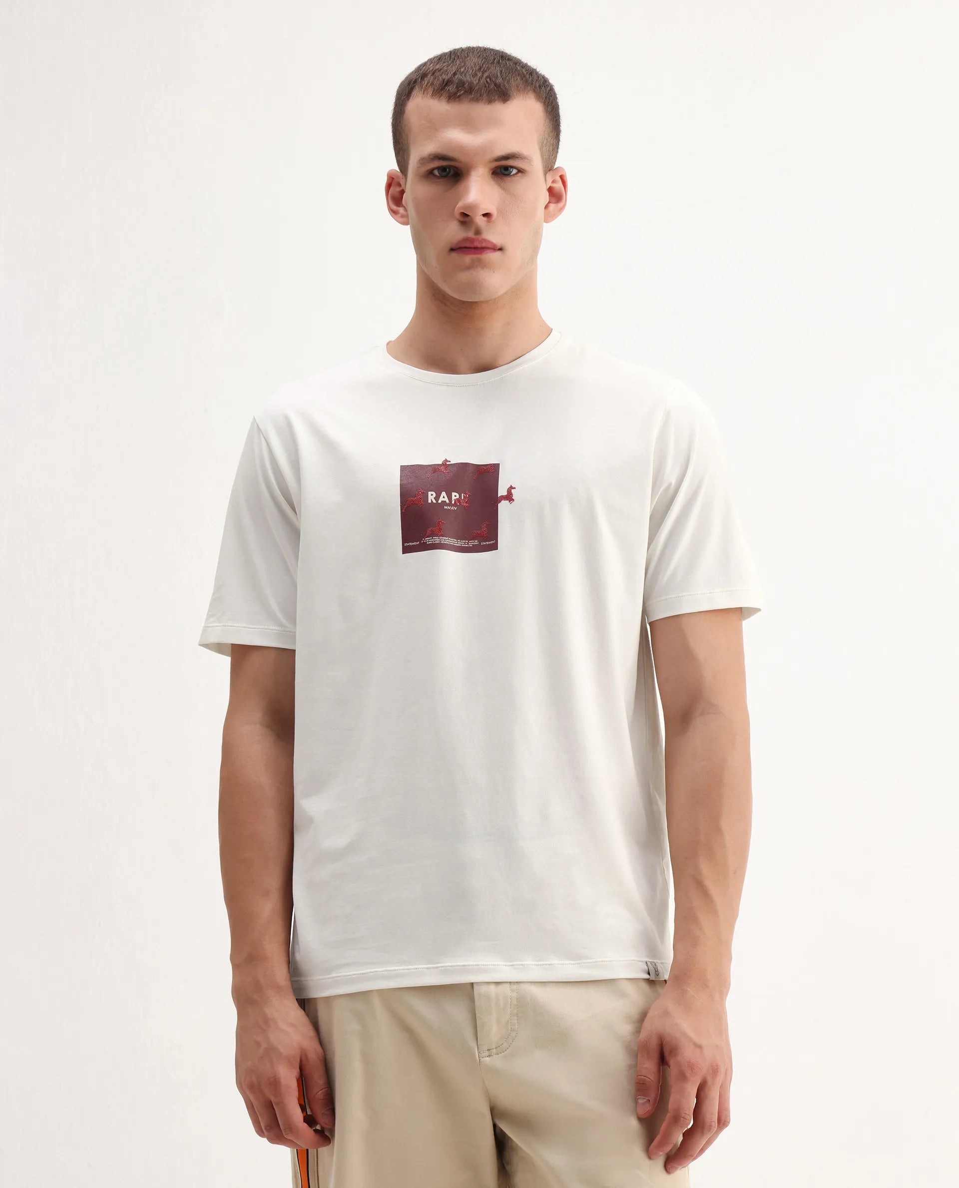 Rare Rabbit Men's Raze Off White Cotton Blend Graphic Print Regular Fit Half Sleeve Crew Neck T-Shirt