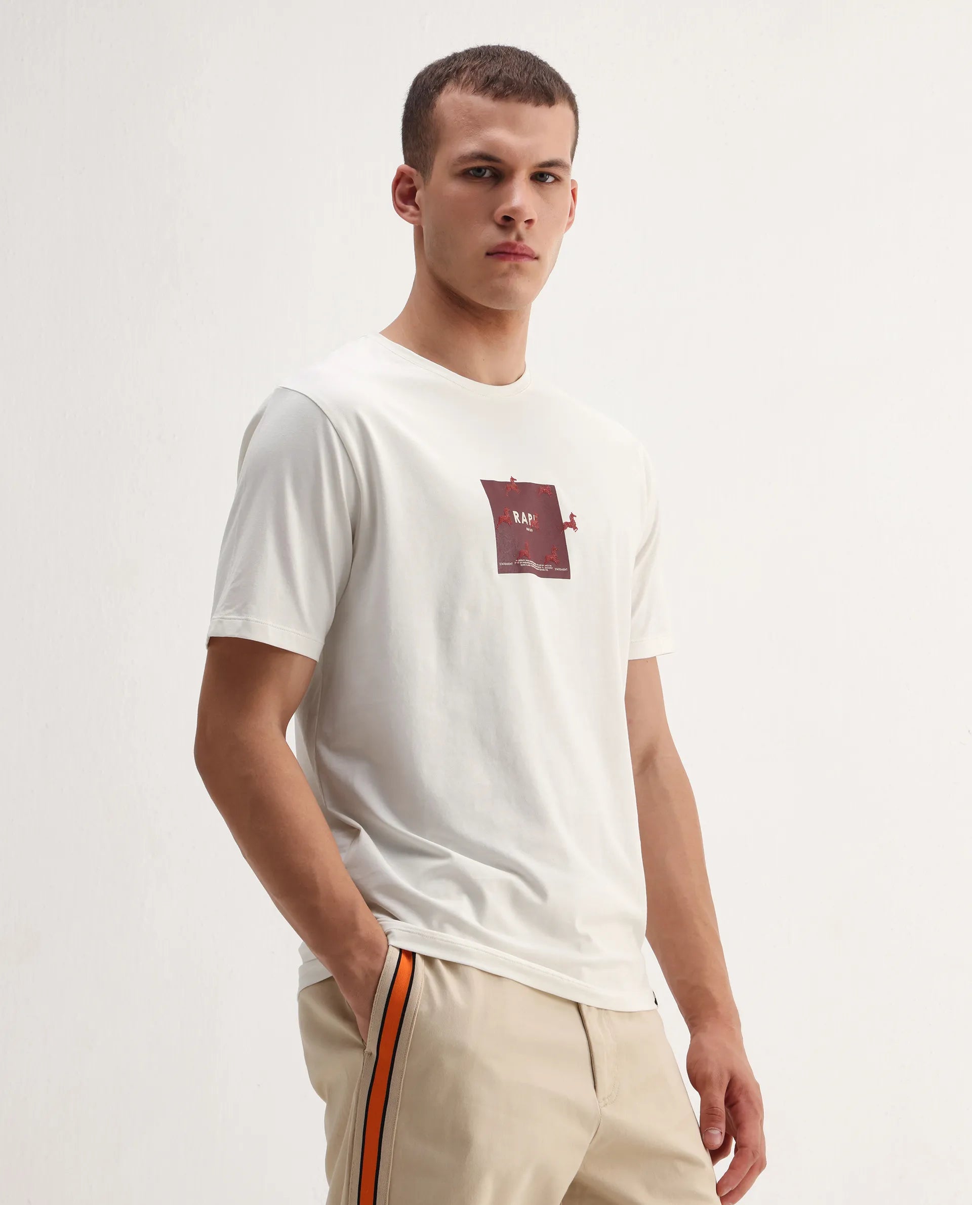 Rare Rabbit Men's Raze Off White Cotton Blend Graphic Print Regular Fit Half Sleeve Crew Neck T-Shirt