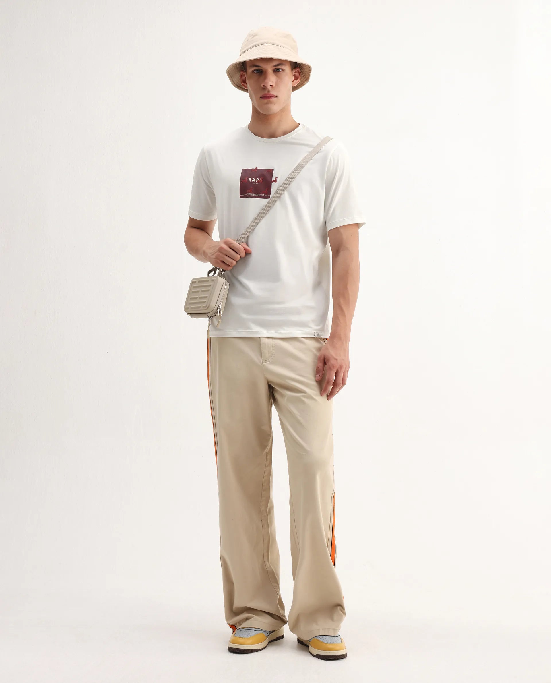 Rare Rabbit Men's Raze Off White Cotton Blend Graphic Print Regular Fit Half Sleeve Crew Neck T-Shirt