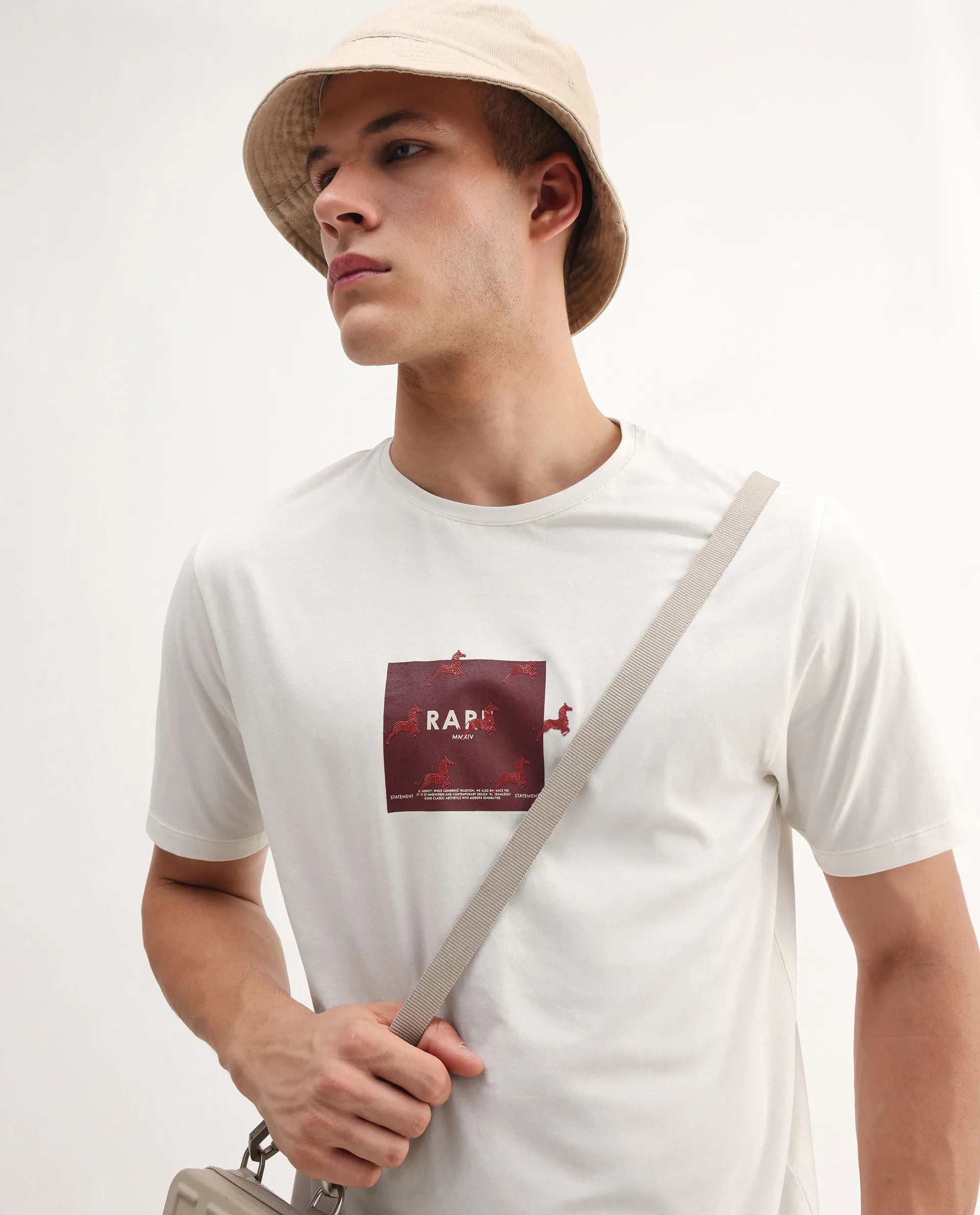 Rare Rabbit Men's Raze Off White Cotton Blend Graphic Print Regular Fit Half Sleeve Crew Neck T-Shirt