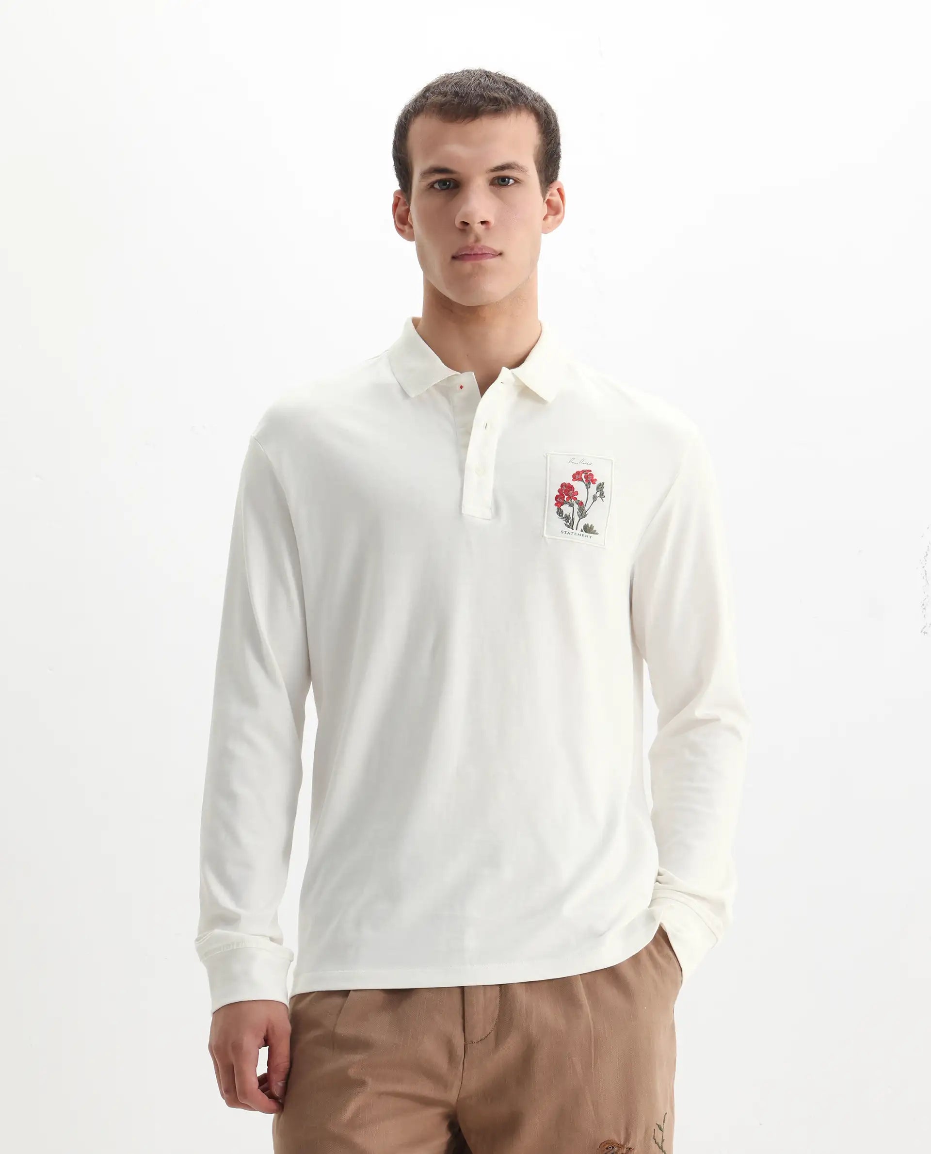 Rare Rabbit Men's Raz Off White Cotton Plain Regular Fit Full Sleeve Polo