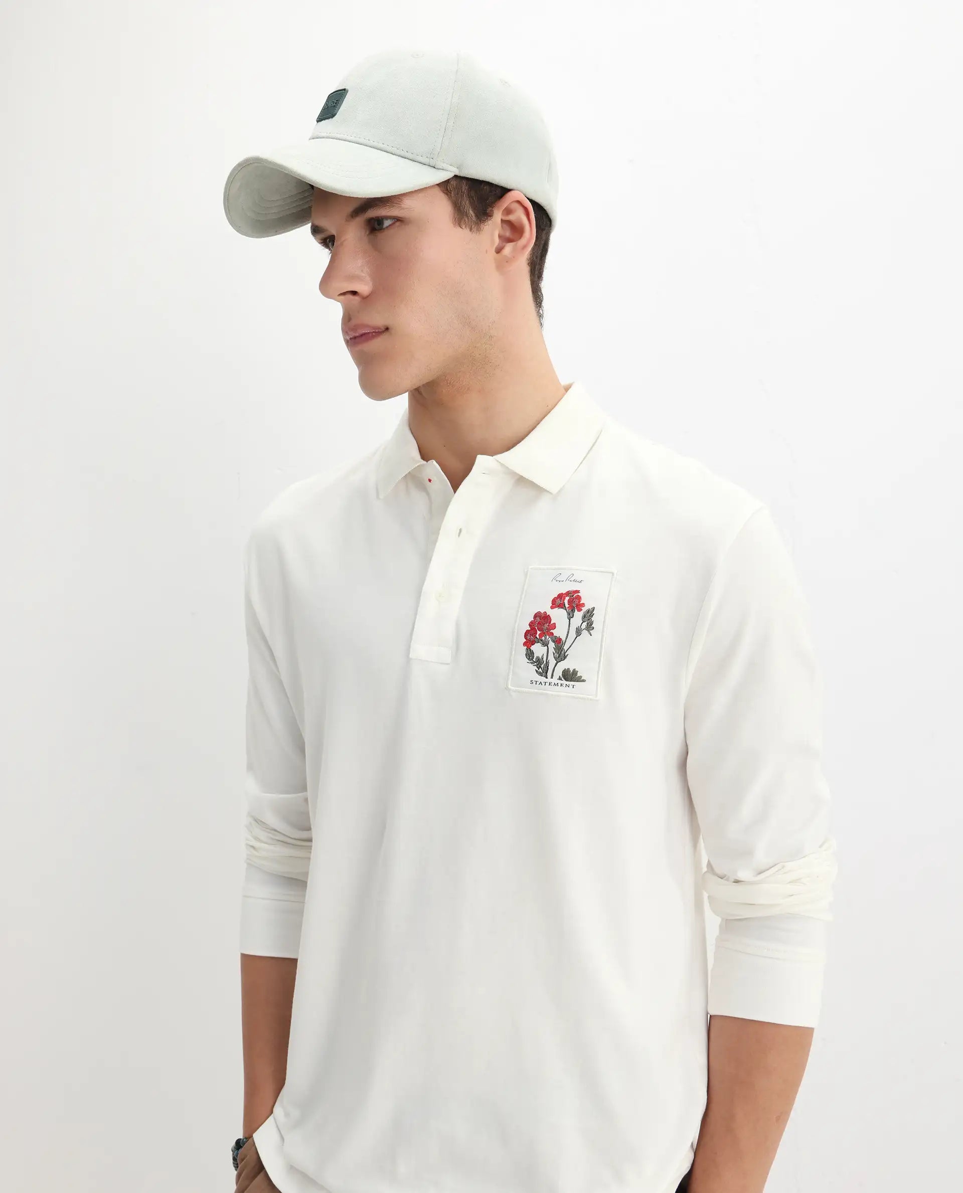 Rare Rabbit Men's Raz Off White Cotton Plain Regular Fit Full Sleeve Polo
