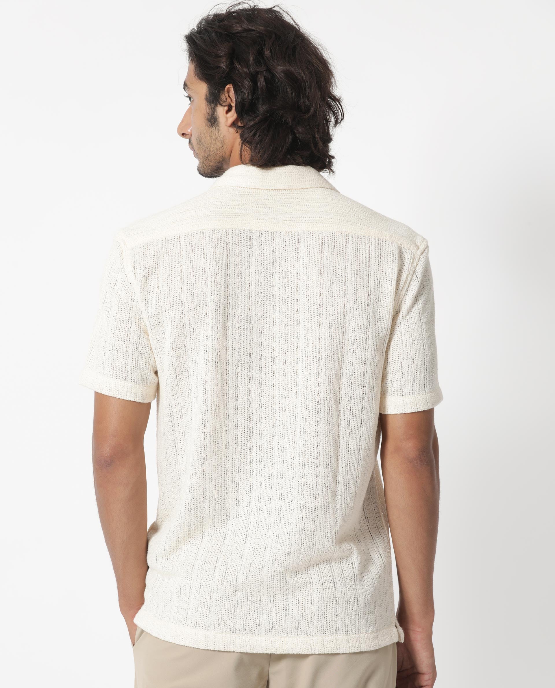 Rare Rabbit Men's Reach Off White Cotton Viscose Fabric Cuban Collar Half Sleeves Knitted Shirt