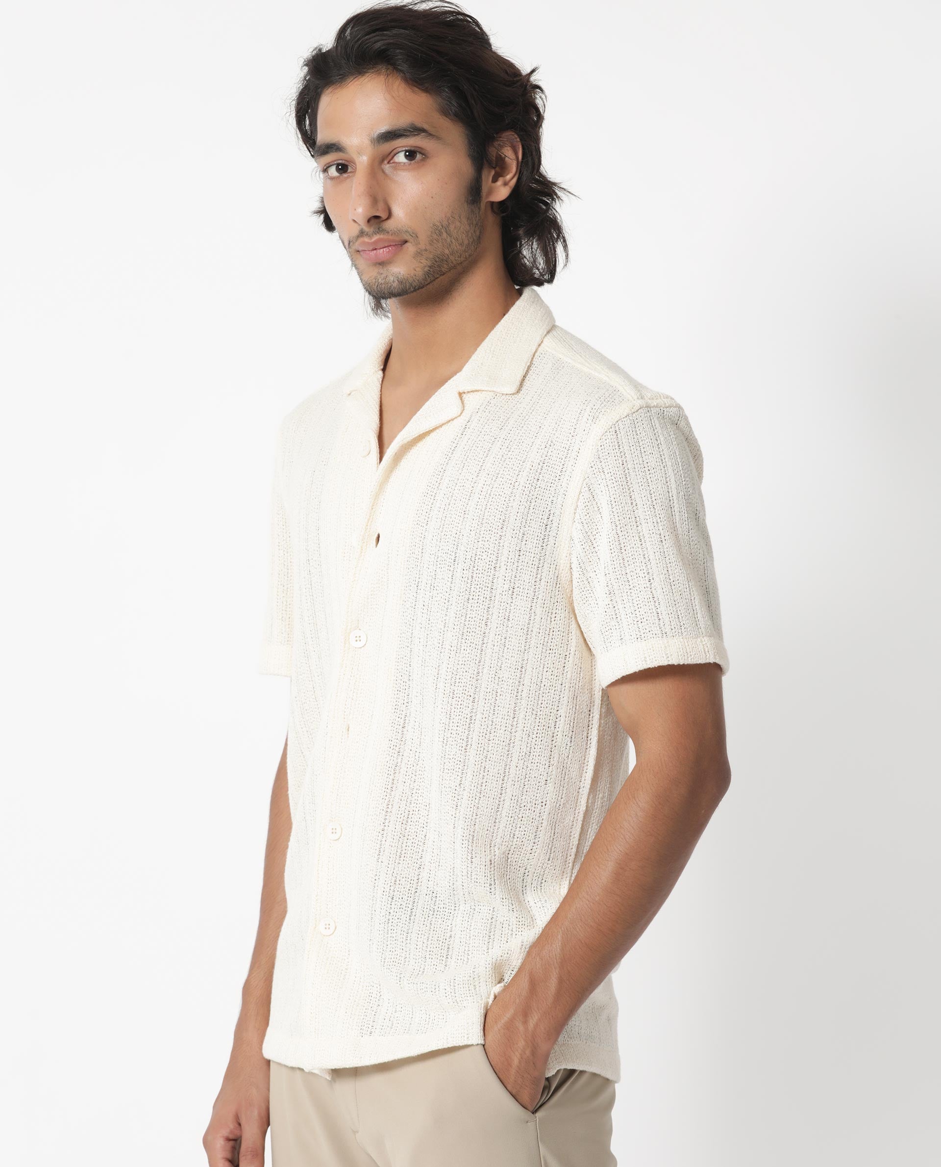 Rare Rabbit Men's Reach Off White Cotton Viscose Fabric Cuban Collar Half Sleeves Knitted Shirt