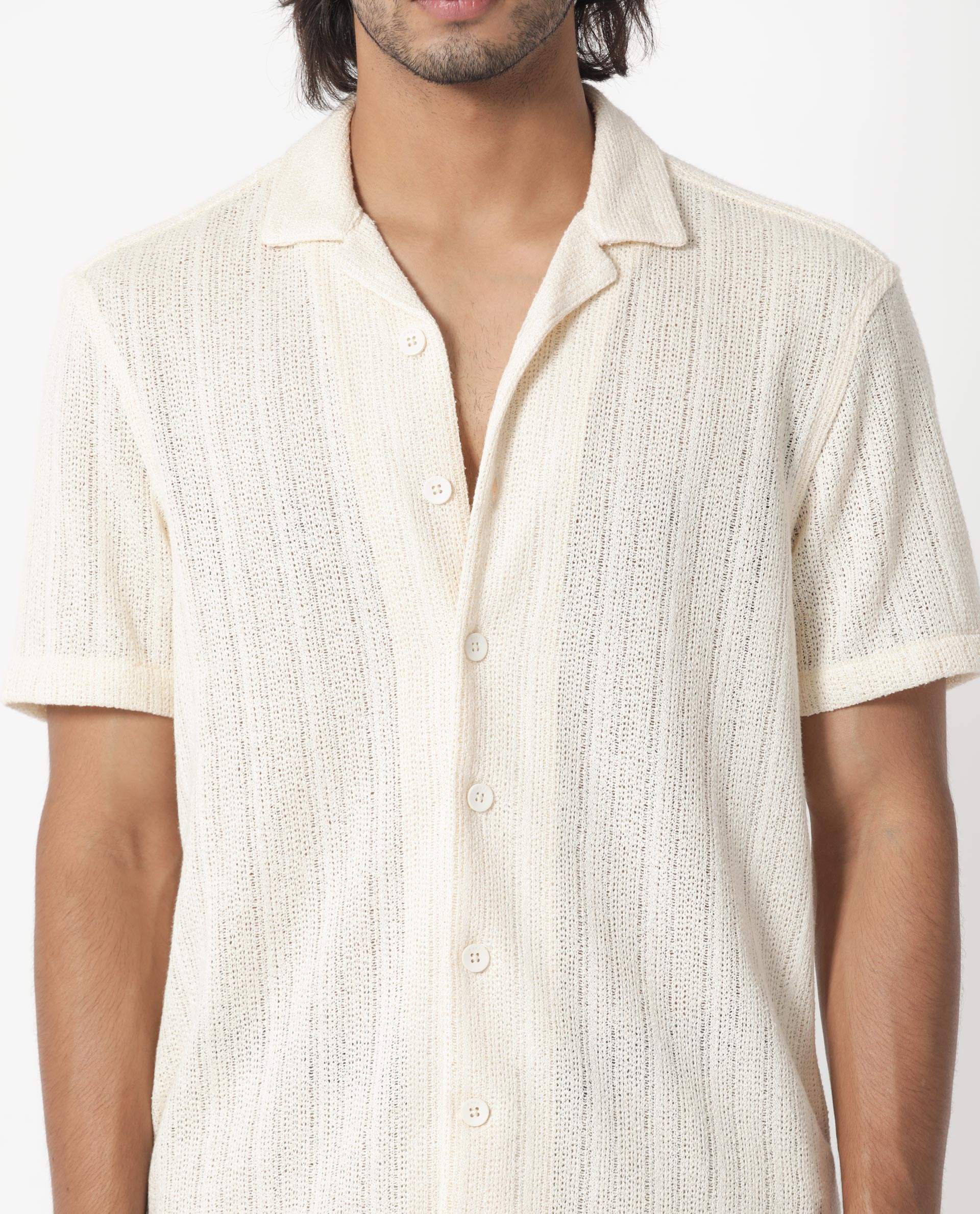 Rare Rabbit Men's Reach Off White Cotton Viscose Fabric Cuban Collar Half Sleeves Knitted Shirt