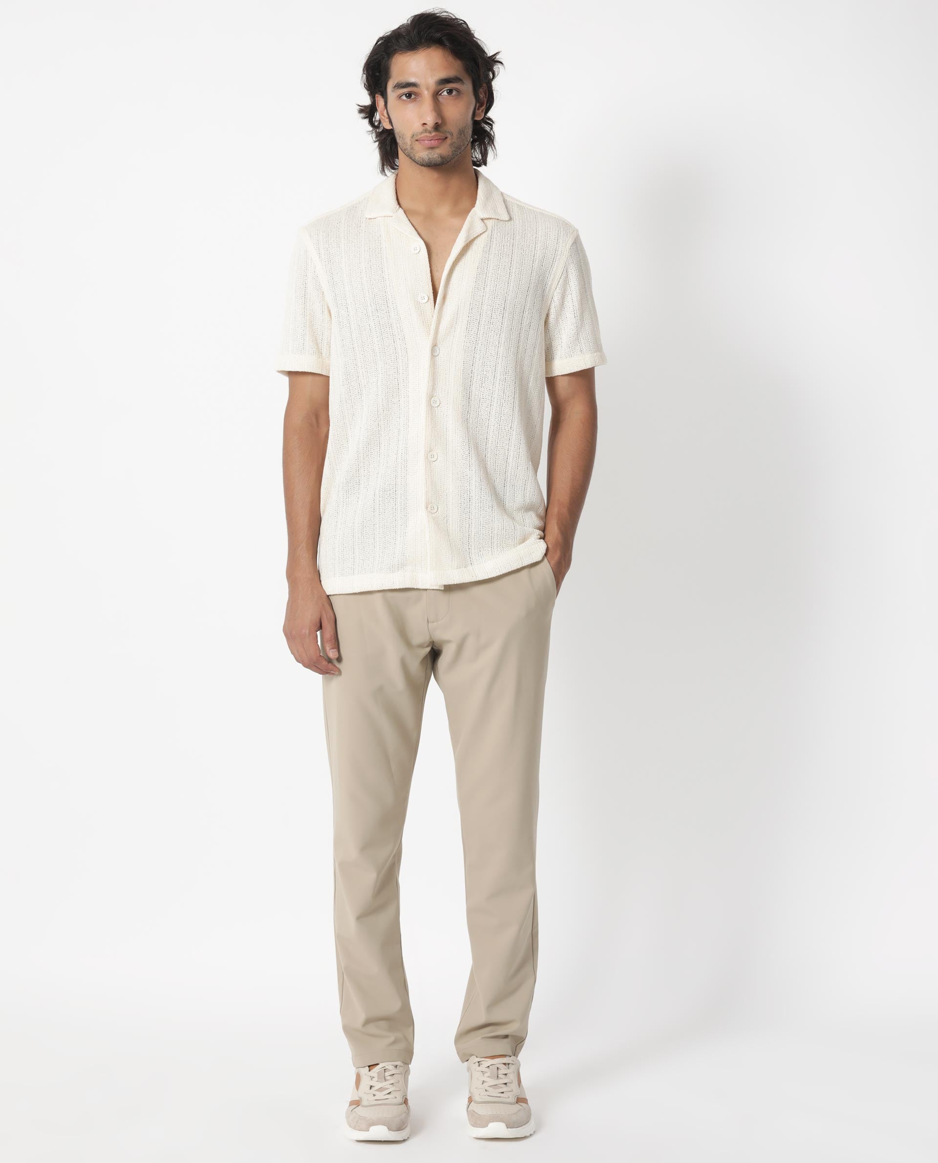 Rare Rabbit Men's Reach Off White Cotton Viscose Fabric Cuban Collar Half Sleeves Knitted Shirt