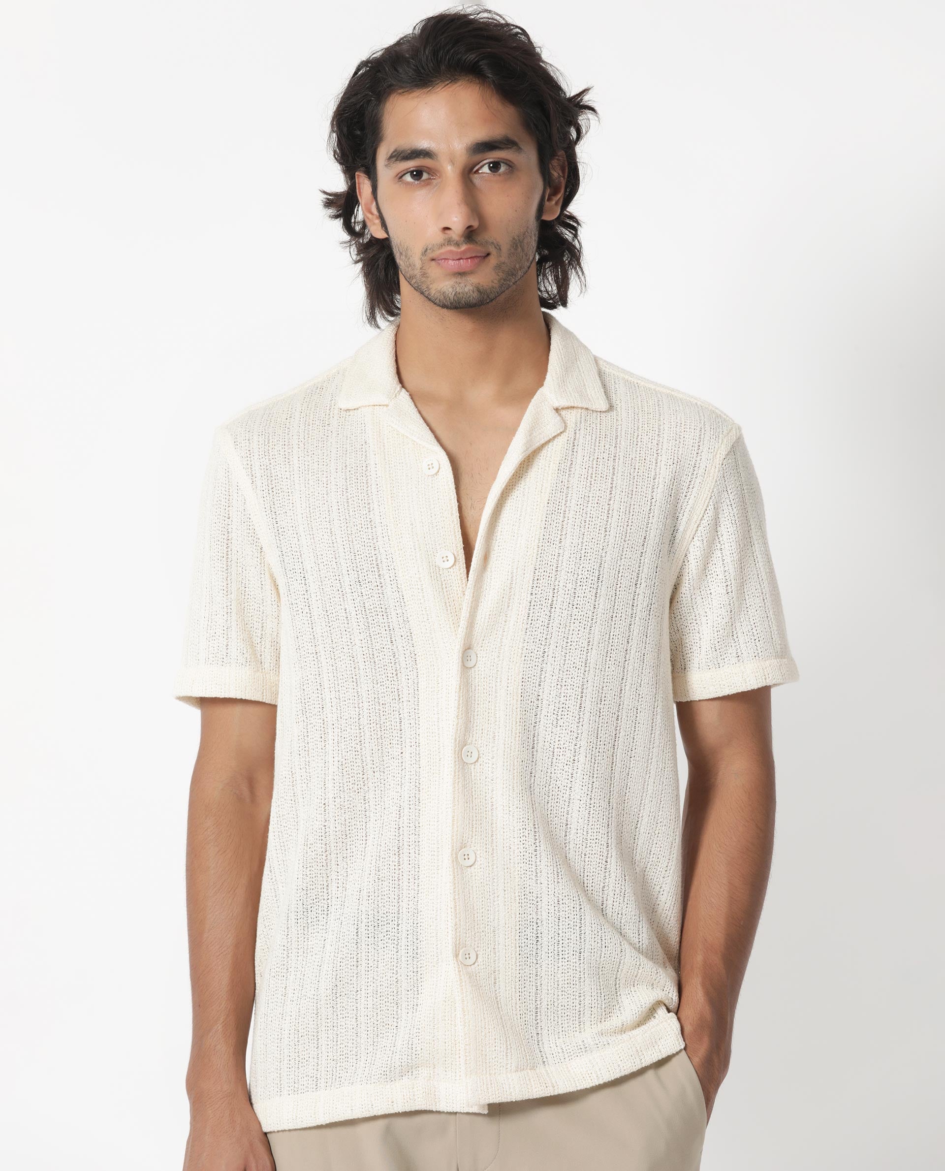 Rare Rabbit Men's Reach Off White Cotton Viscose Fabric Cuban Collar Half Sleeves Knitted Shirt
