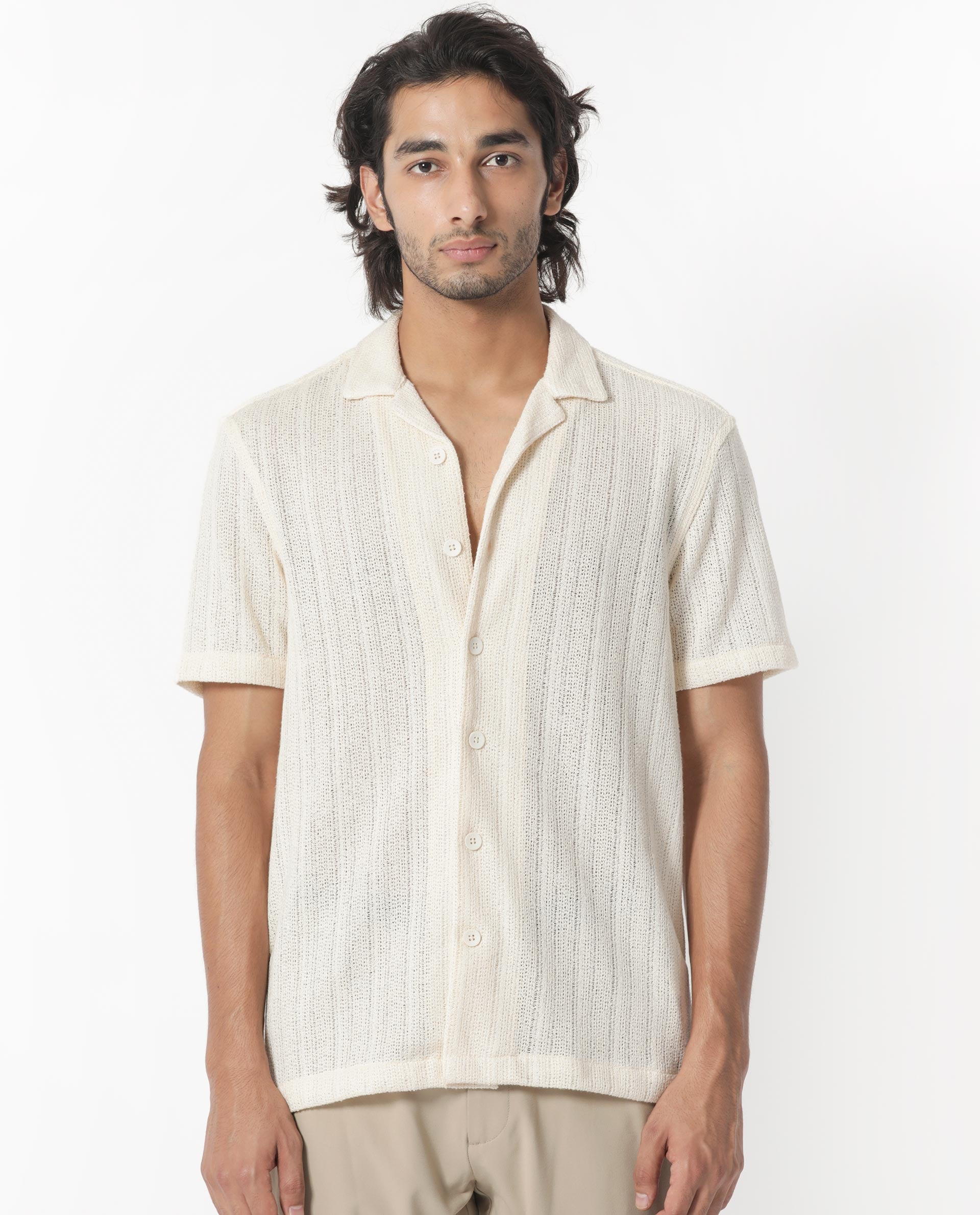 Rare Rabbit Men's Reach Off White Cotton Viscose Fabric Cuban Collar Half Sleeves Knitted Shirt