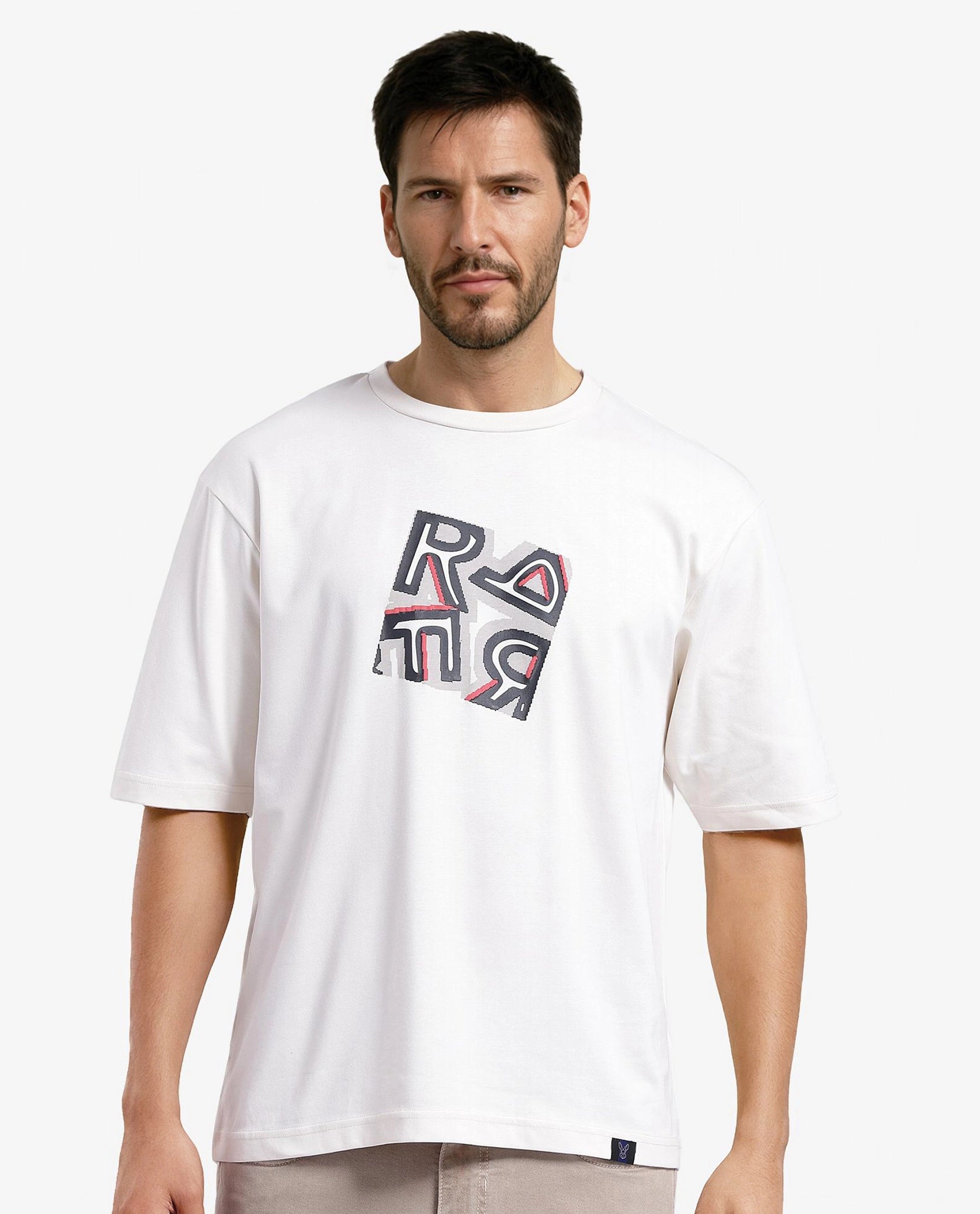 Rare Rabbit Men Reat Off White Cotton Lycra Fabric Short Sleeve Crew Neck Boxy Fit Chest Print T-Shirt