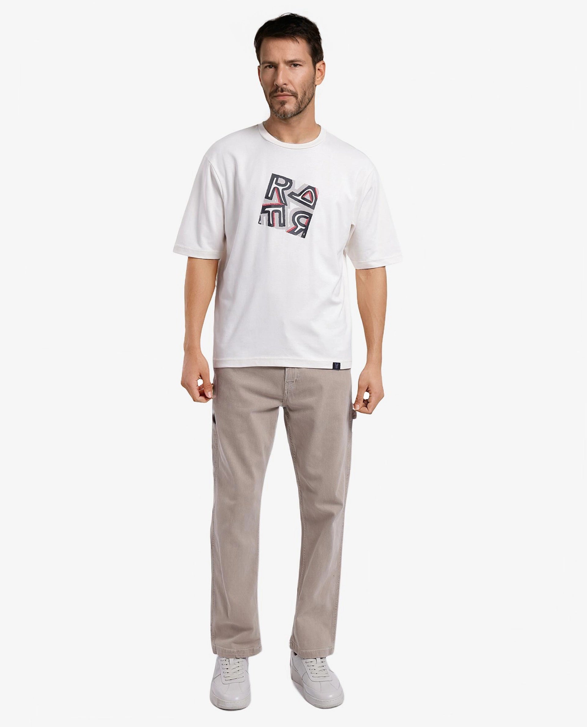 Rare Rabbit Men Reat Off White Cotton Lycra Fabric Short Sleeve Crew Neck Boxy Fit Chest Print T-Shirt