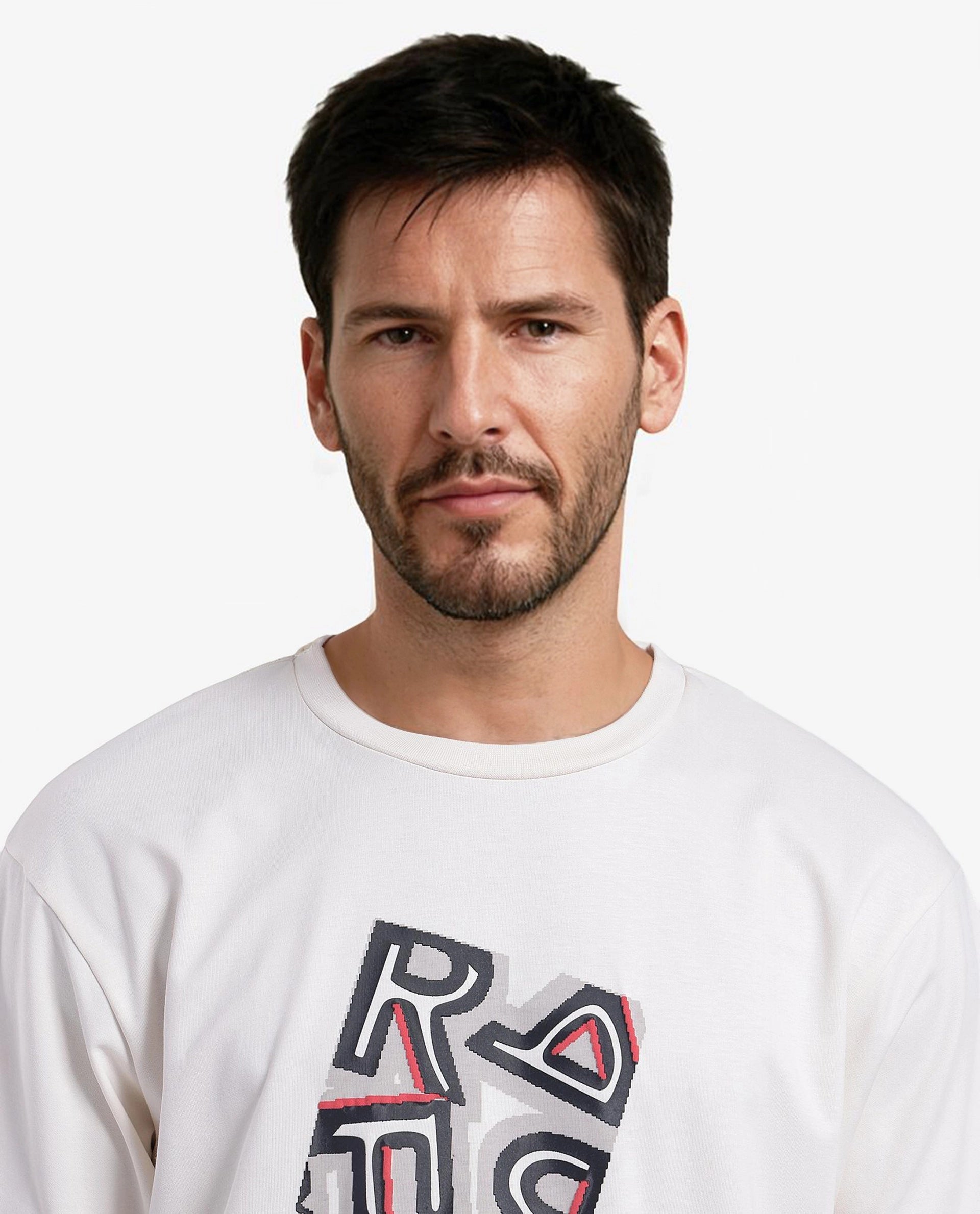 Rare Rabbit Men Reat Off White Cotton Lycra Fabric Short Sleeve Crew Neck Boxy Fit Chest Print T-Shirt