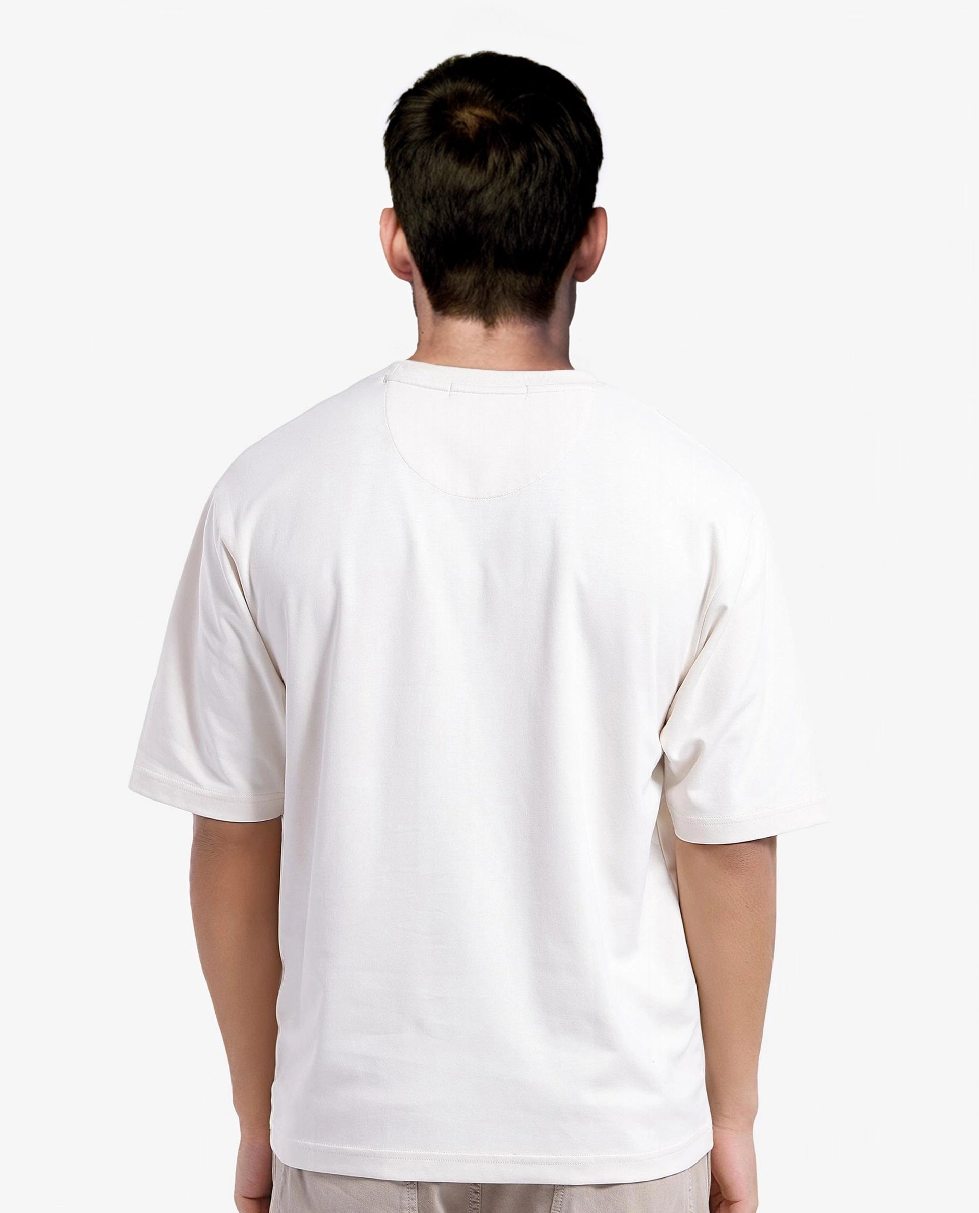 Rare Rabbit Men Reat Off White Cotton Lycra Fabric Short Sleeve Crew Neck Boxy Fit Chest Print T-Shirt