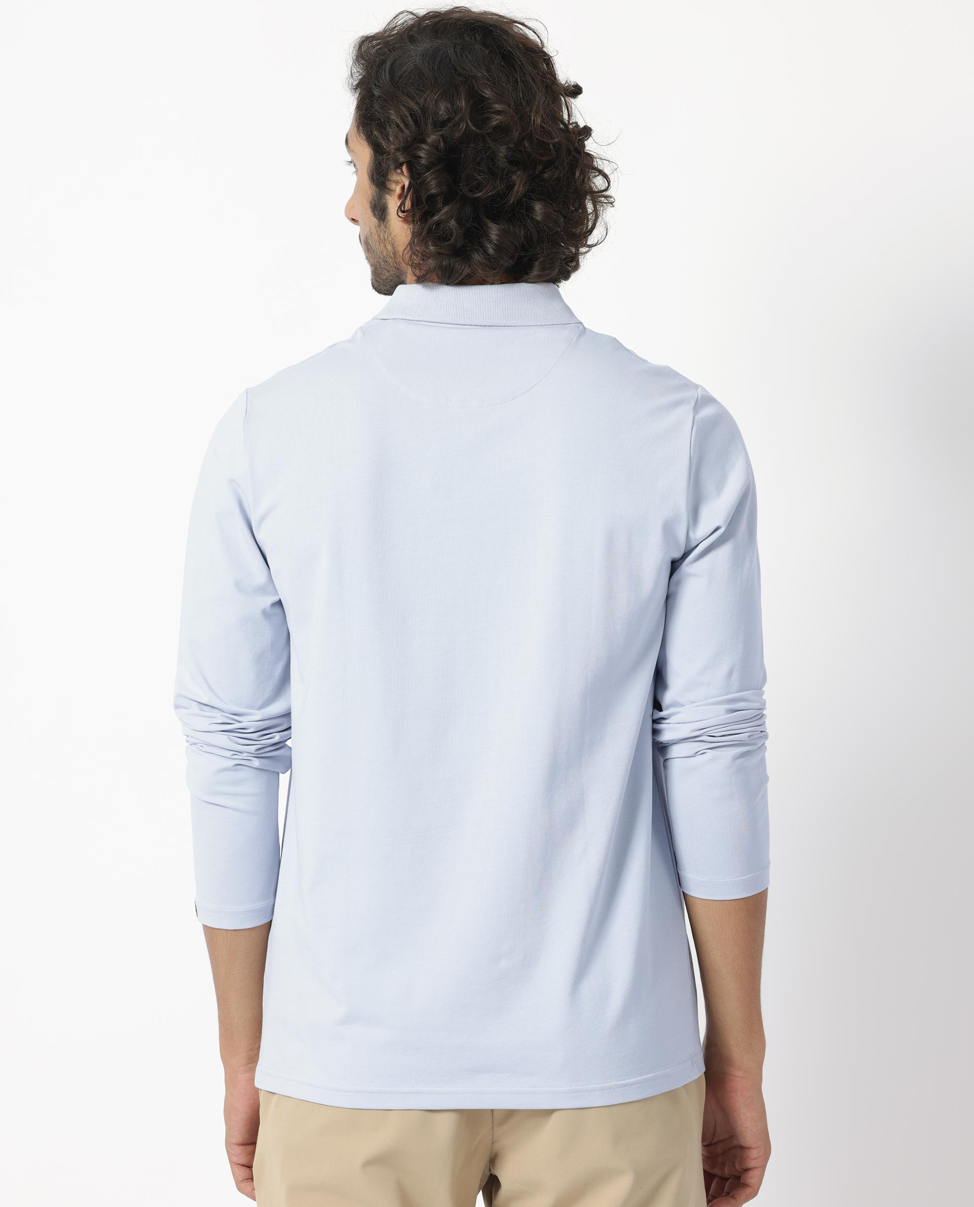 Rare Rabbit Men's Reborn-1 Light Blue Cotton Fabric Johnny Collar Full Sleeve Polo T-Shirt