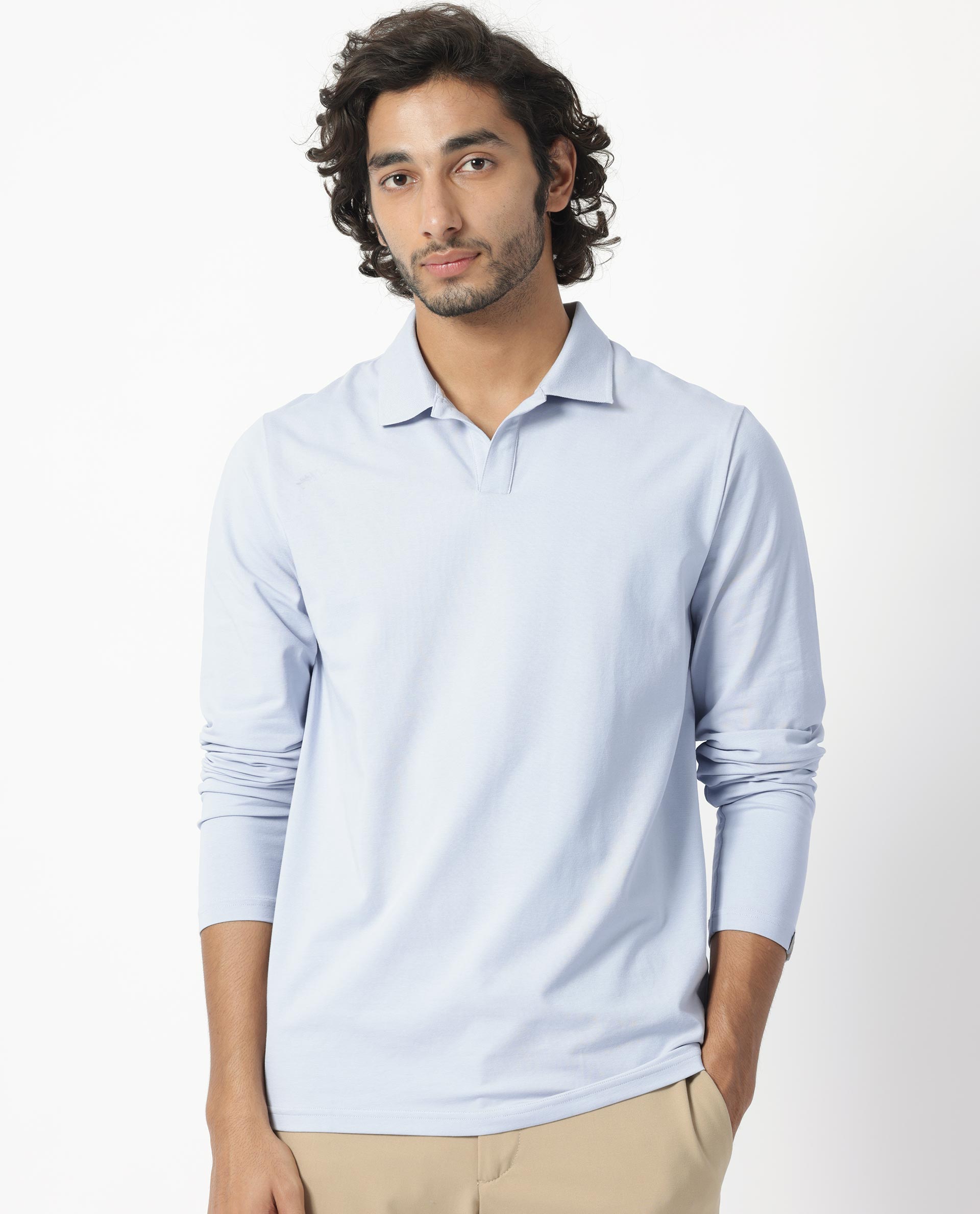 Rare Rabbit Men's Reborn-1 Light Blue Cotton Fabric Johnny Collar Full Sleeve Polo T-Shirt